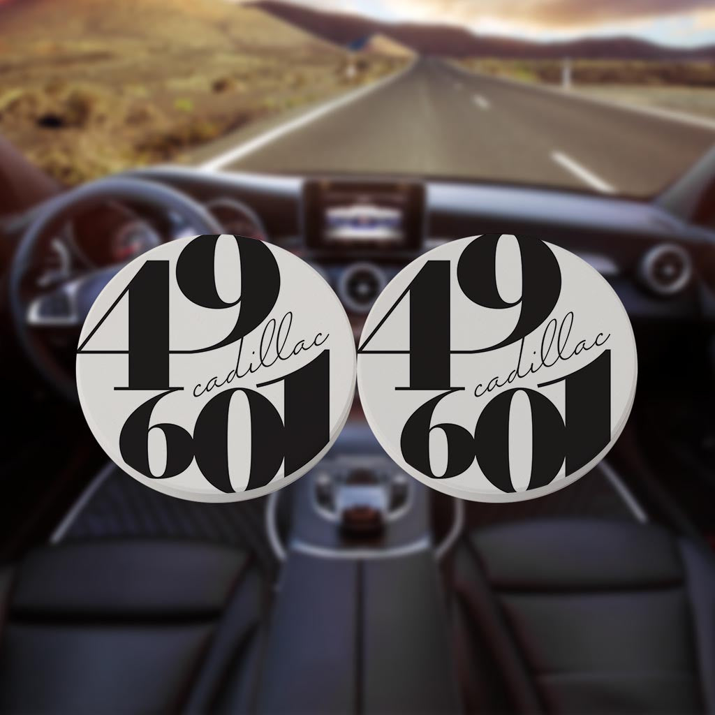 Black And White Zip Block Michigan Cadillac | Absorbent Car Coasters | Set of 2 | Min 4