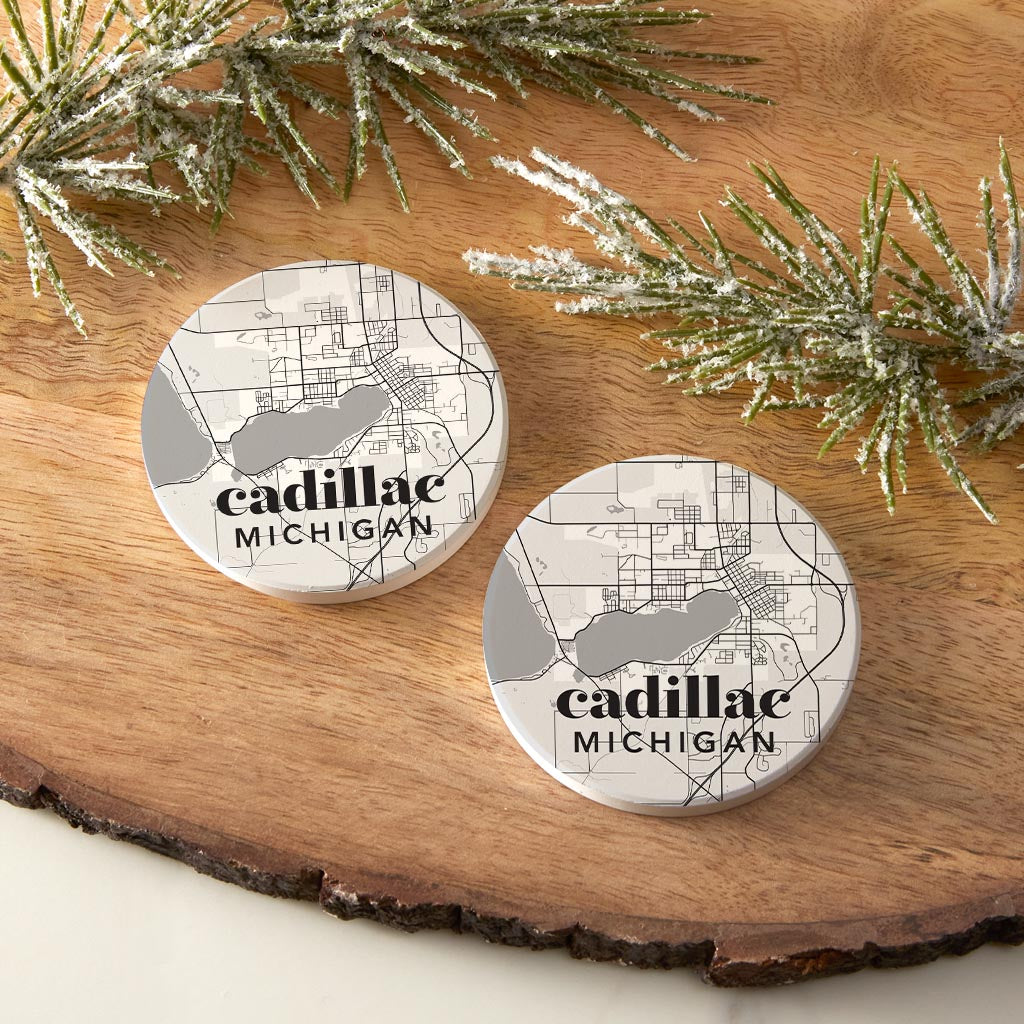 Black And White White Map Michigan Cadillac| Absorbent Car Coasters | Set of 2 | Min 4