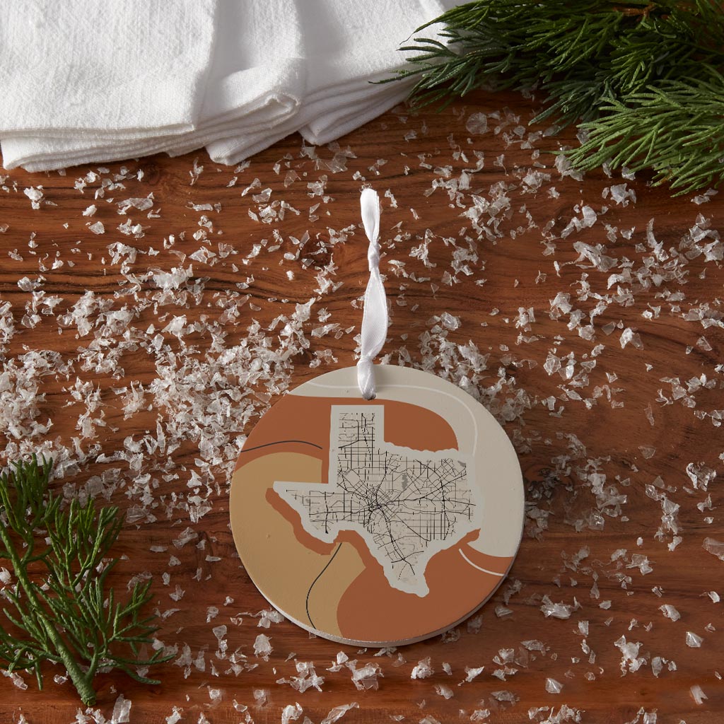 Vintage Groove Fluid Orange Map Texas Dallas | Wood Ornament | Eaches | Min 6