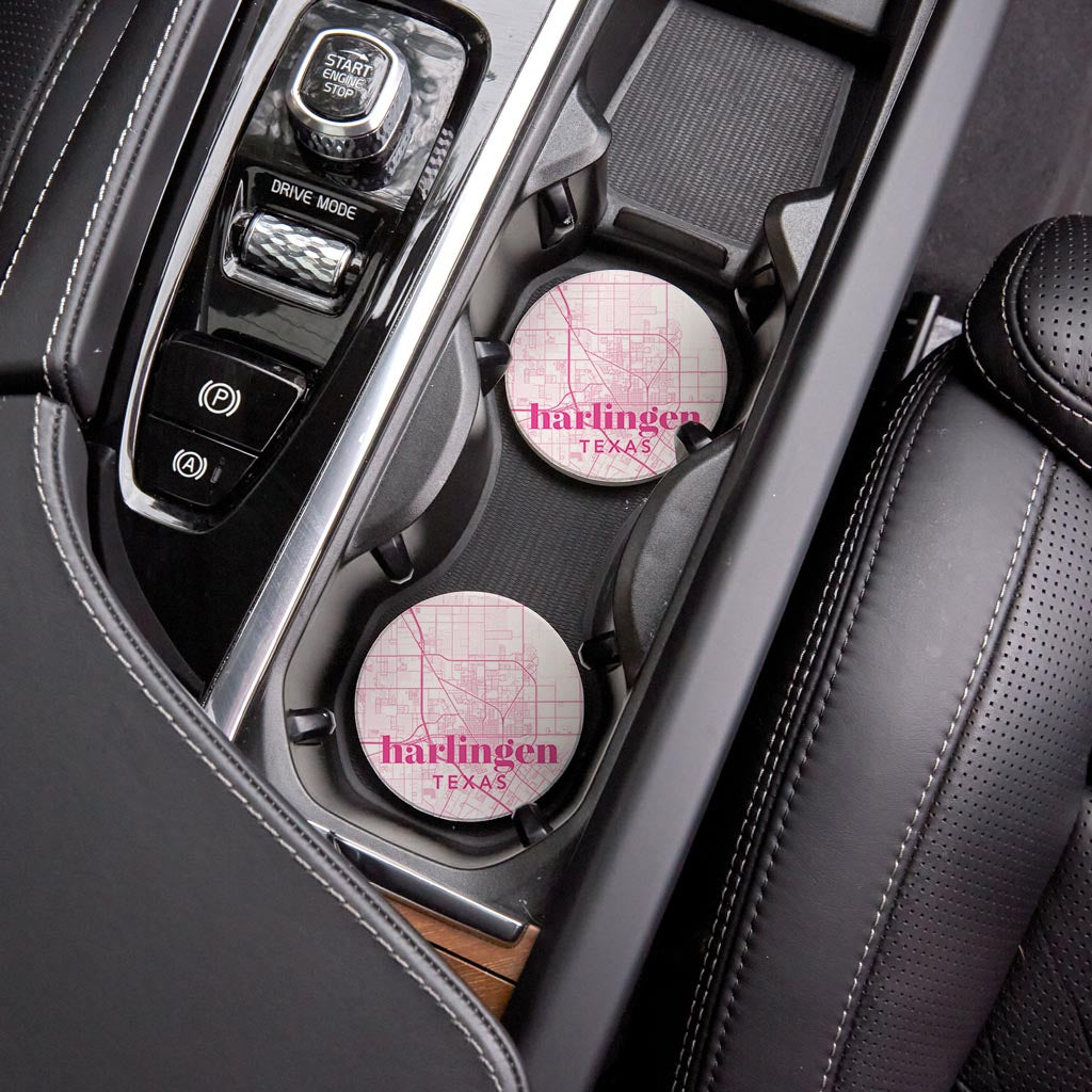 Bright Modern Pink Map Texas Harlingen | Absorbent Car Coasters | Set of 2 | Min 4