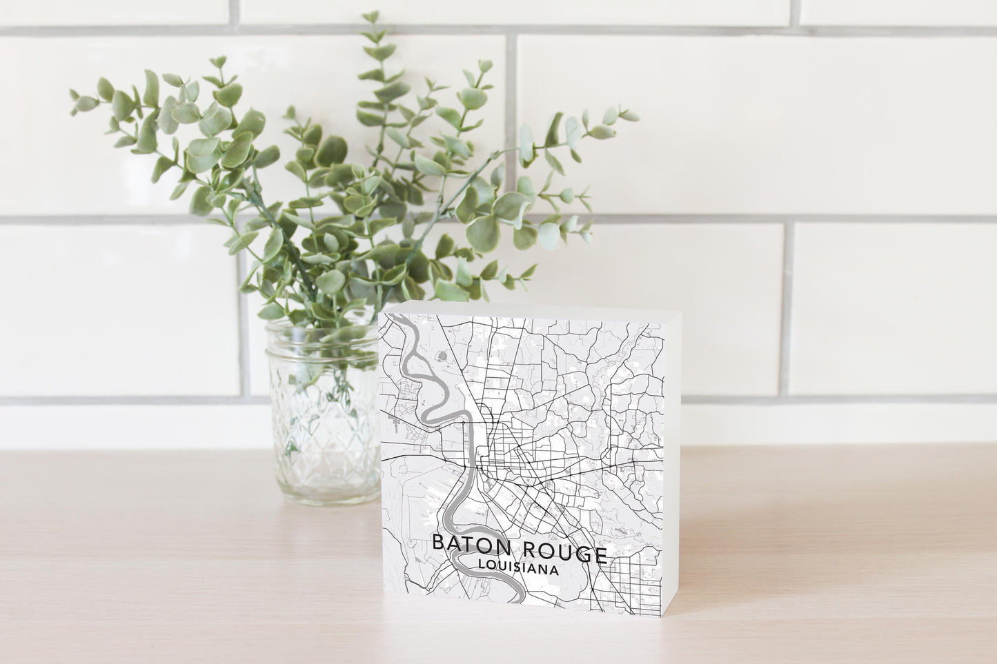 Minimalistic Baton Rouge White Map | Wood Block | Eaches | Min 4