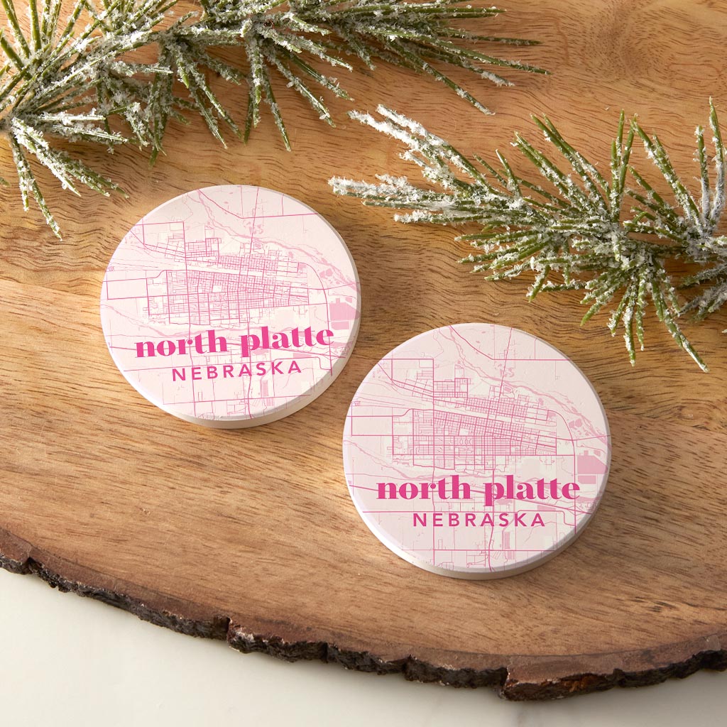 Bright Modern Pink Map Nebraska North Platte| Absorbent Car Coasters | Set of 2 | Min 4