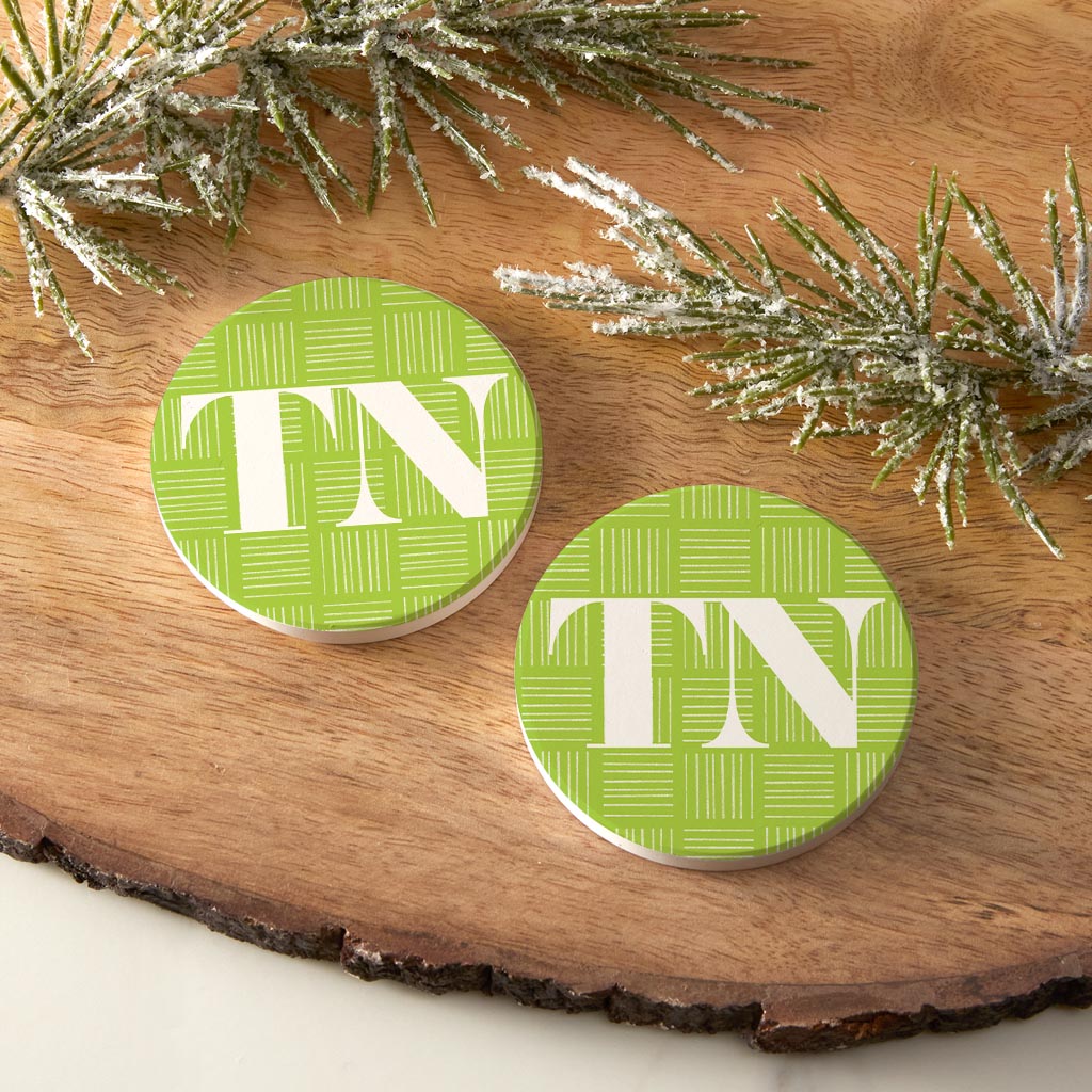 Bright Modern Abbreviated On Green Tennessee | Absorbent Car Coasters | Set of 2 | Min 4