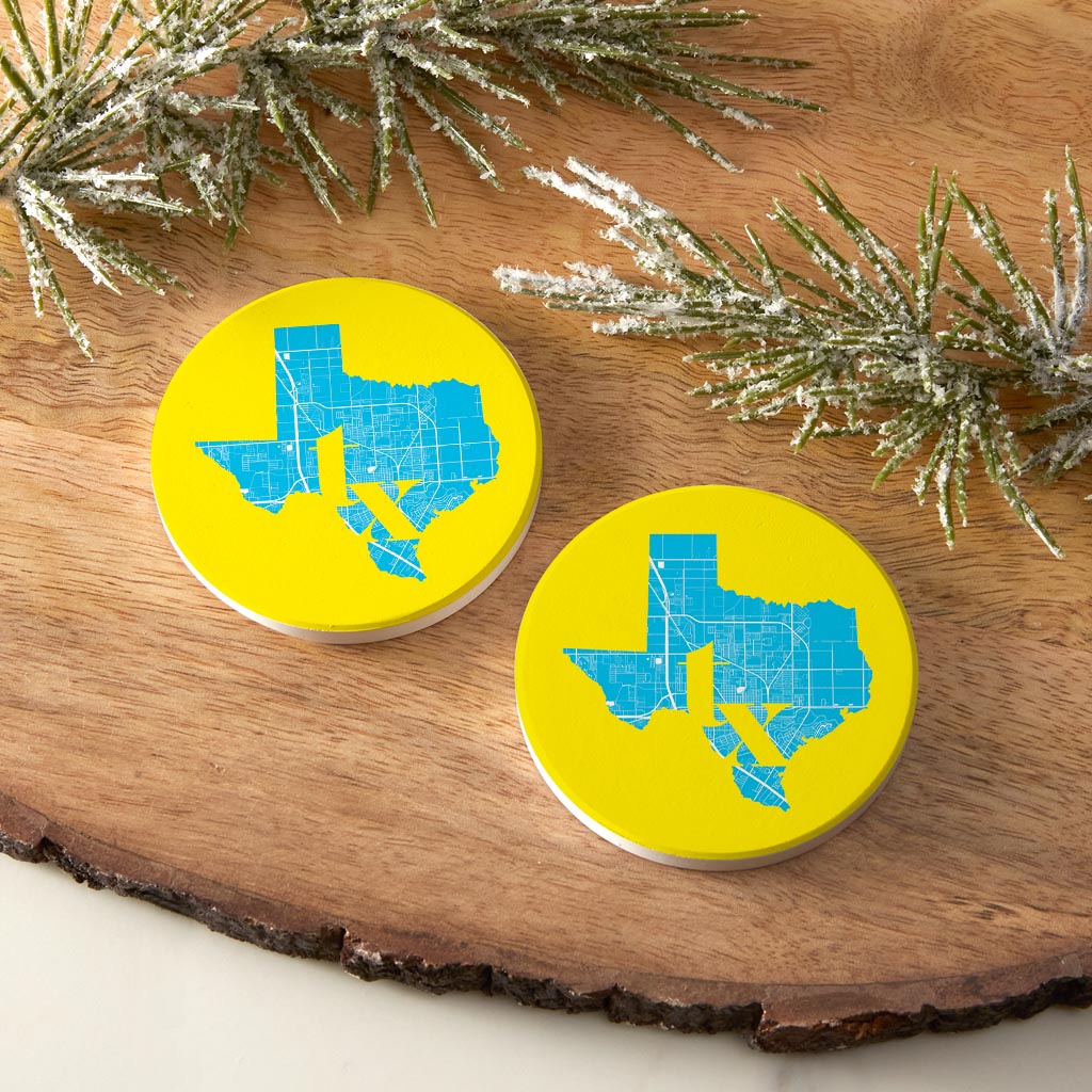Bright Modern Abbreviated State Yellow Texas Harlingen| Absorbent Car Coasters | Set of 2 | Min 4