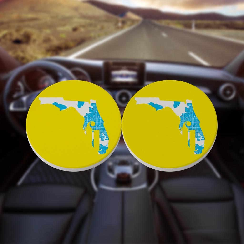 Bright Modern Abbreviated State Yellow Florida Panama | Absorbent Car Coasters | Set of 2 | Min 4