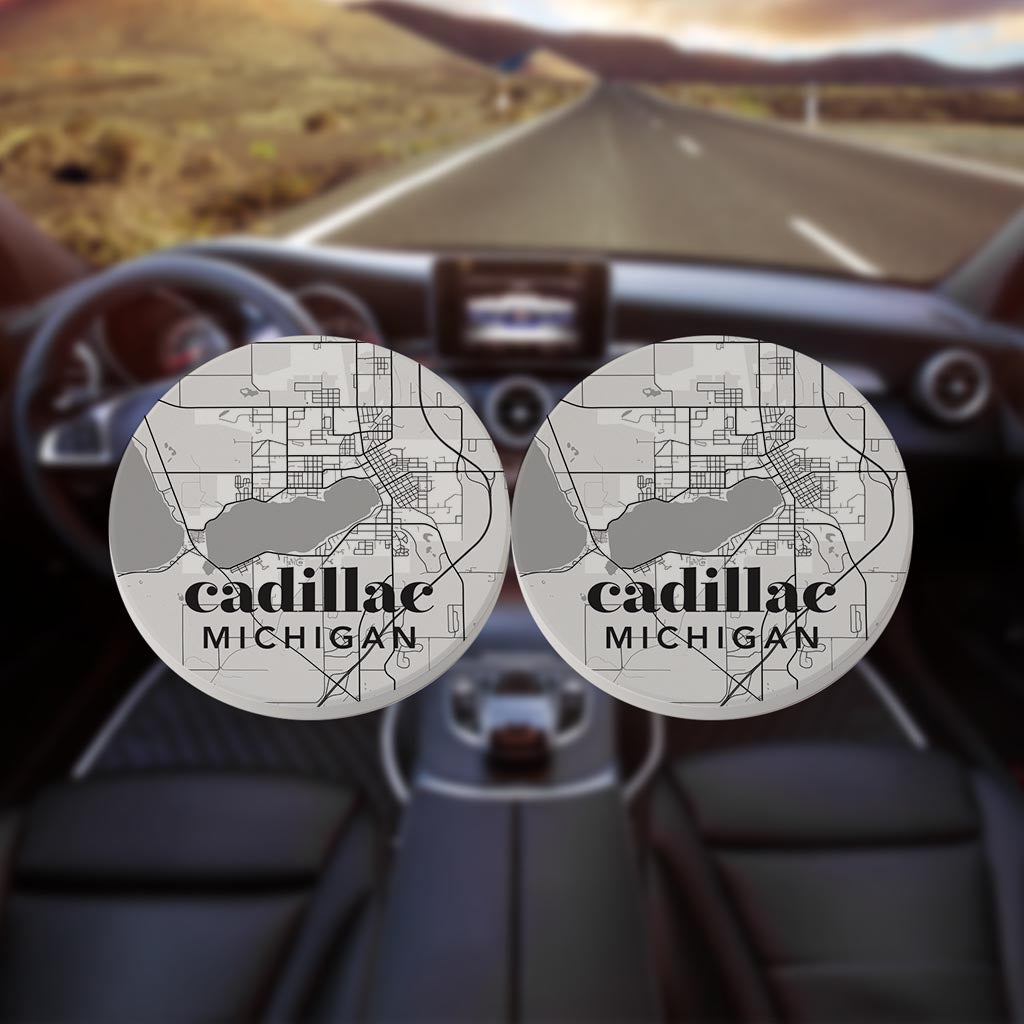 Black And White White Map Michigan Cadillac| Absorbent Car Coasters | Set of 2 | Min 4
