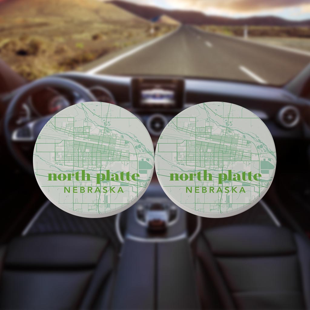 Bright Modern Green Map Nebraska North Platte| Absorbent Car Coasters | Set of 2 | Min 4