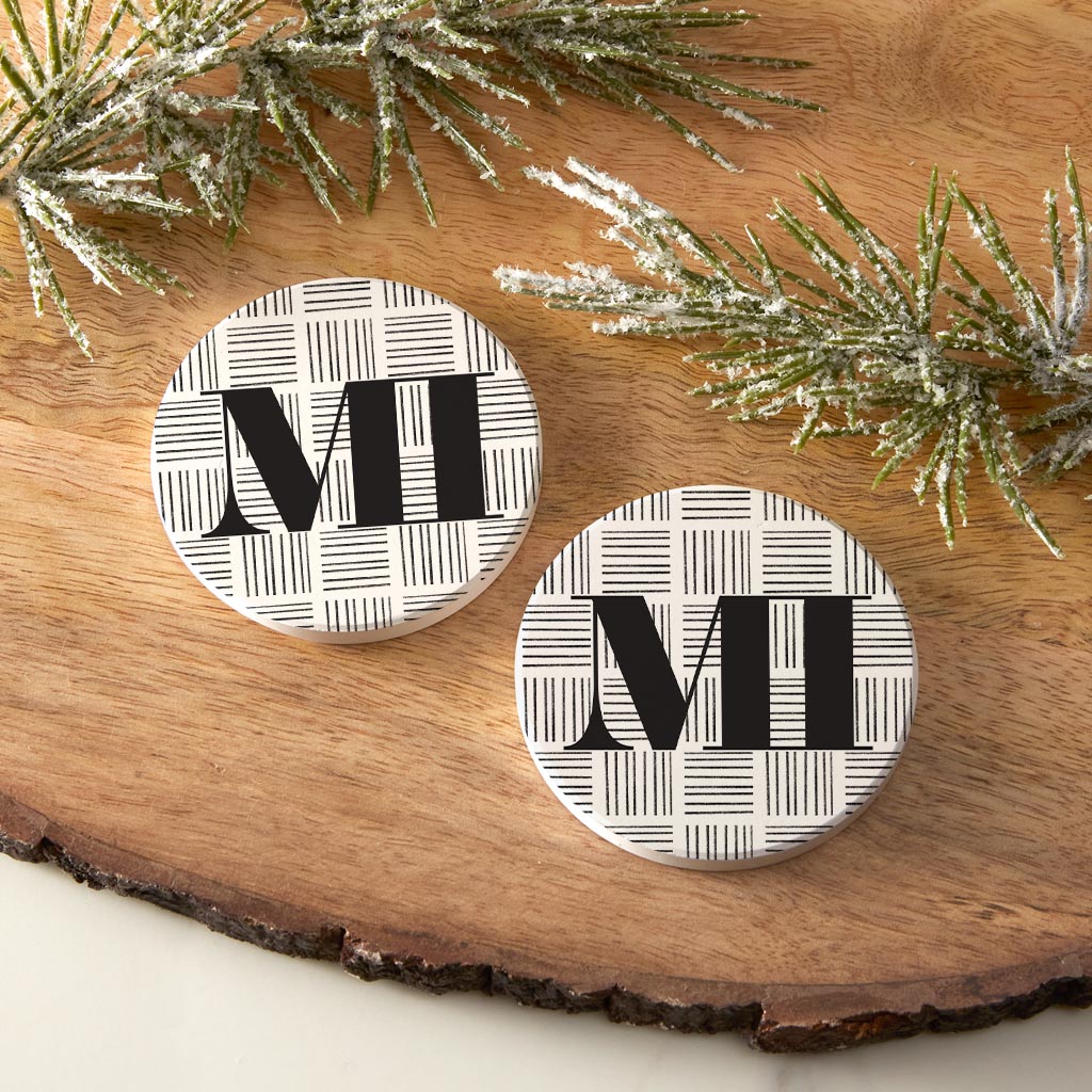 Black And White Abbreviated On White Michigan| Absorbent Car Coasters | Set of 2 | Min 4