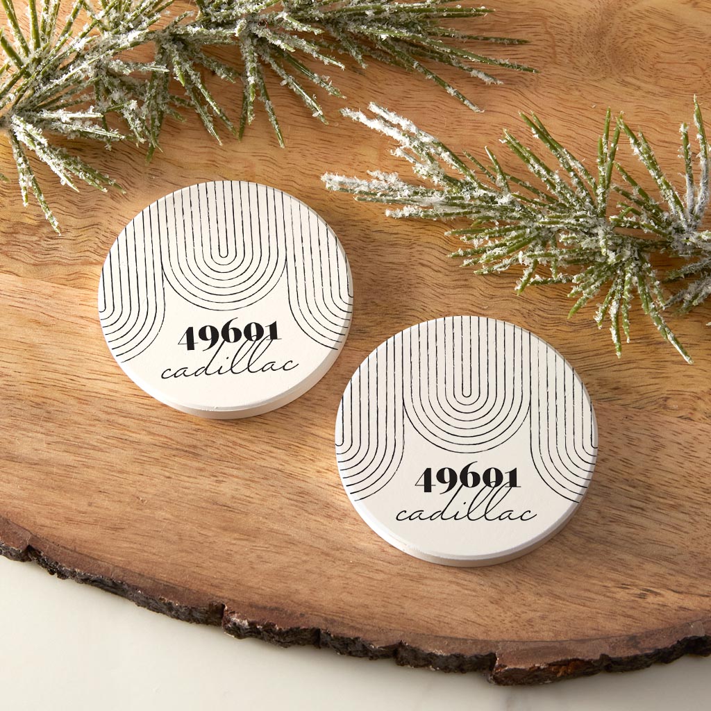 Black And White City Zip On White Michigan Cadillac | Absorbent Car Coasters | Set of 2 | Min 4