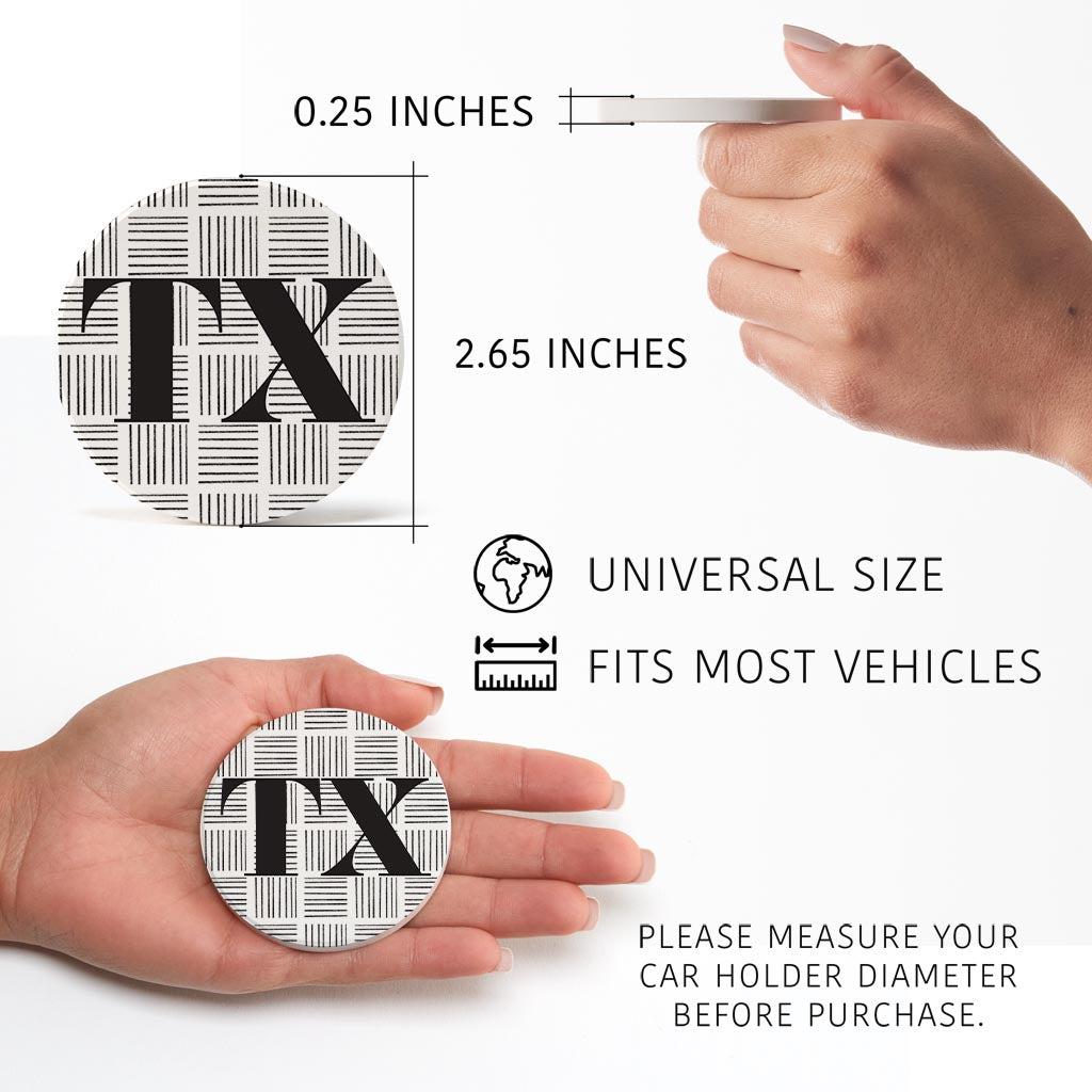 Black And White Abbreviated On White Texas | Absorbent Car Coasters | Set of 2 | Min 4