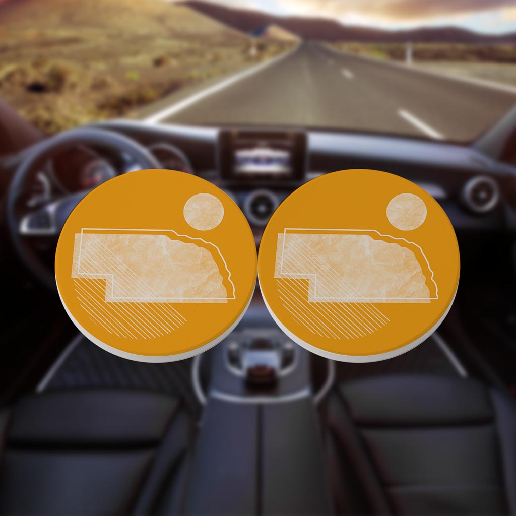 Bright Modern Geometric On Orange Nebraska| Absorbent Car Coasters | Set of 2 | Min 4