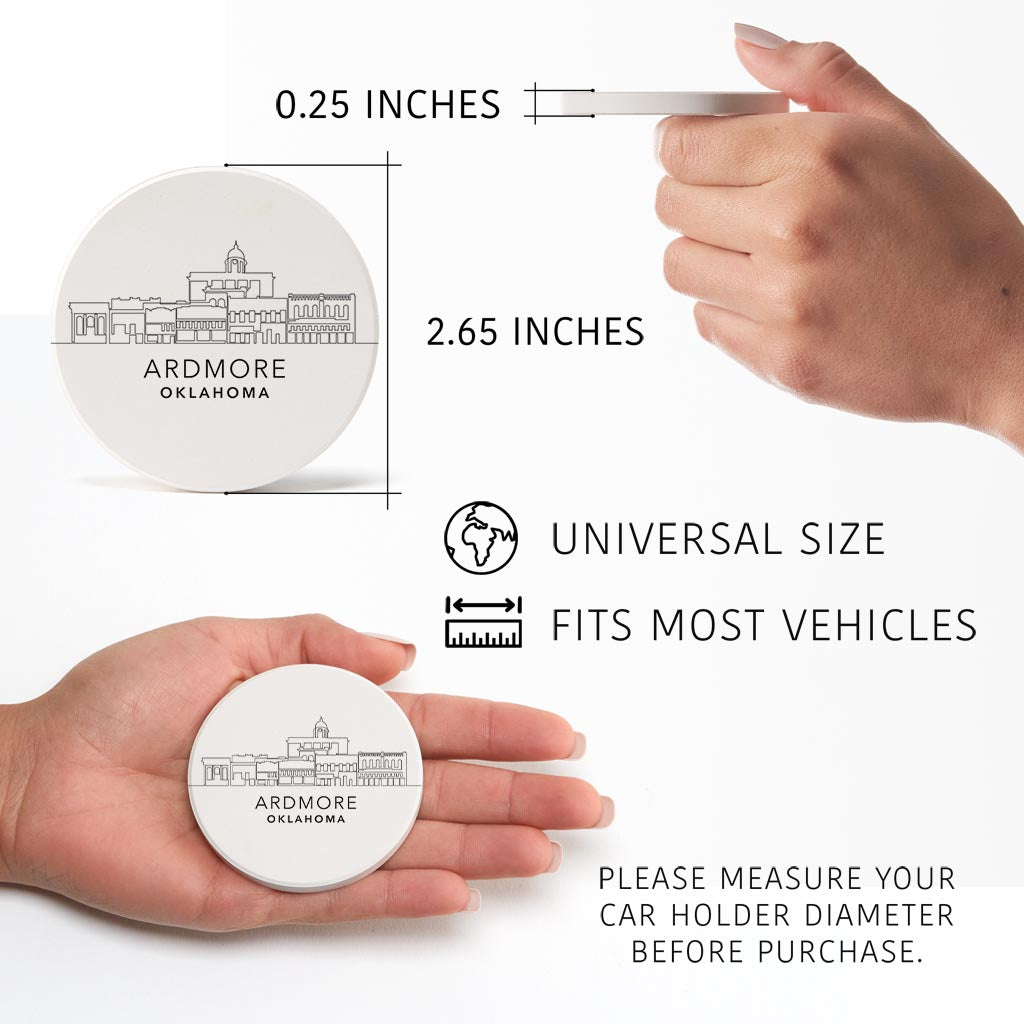 Minimalistic B&W Ardmore Ok Skyline | Absorbent Car Coasters | Set of 2 | Min 4