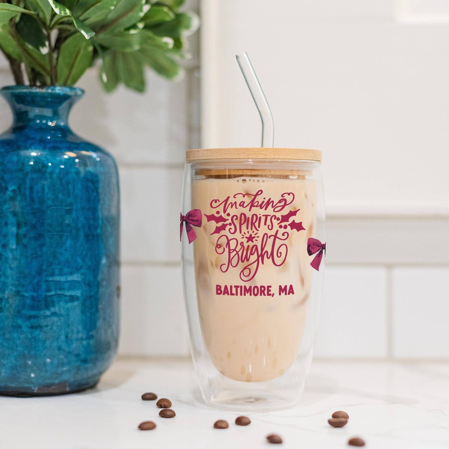 16oz Double Insulated Glass Tumbler-Love + Local Winterberry