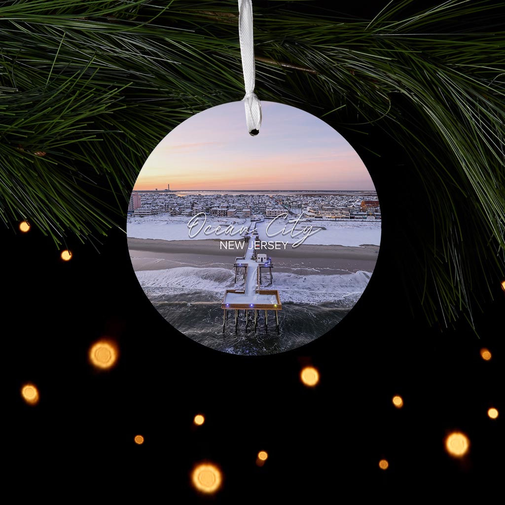 OCNJ Fishing Pier Snow Christmas Ornament| Wood Ornament | Eaches | Min 6