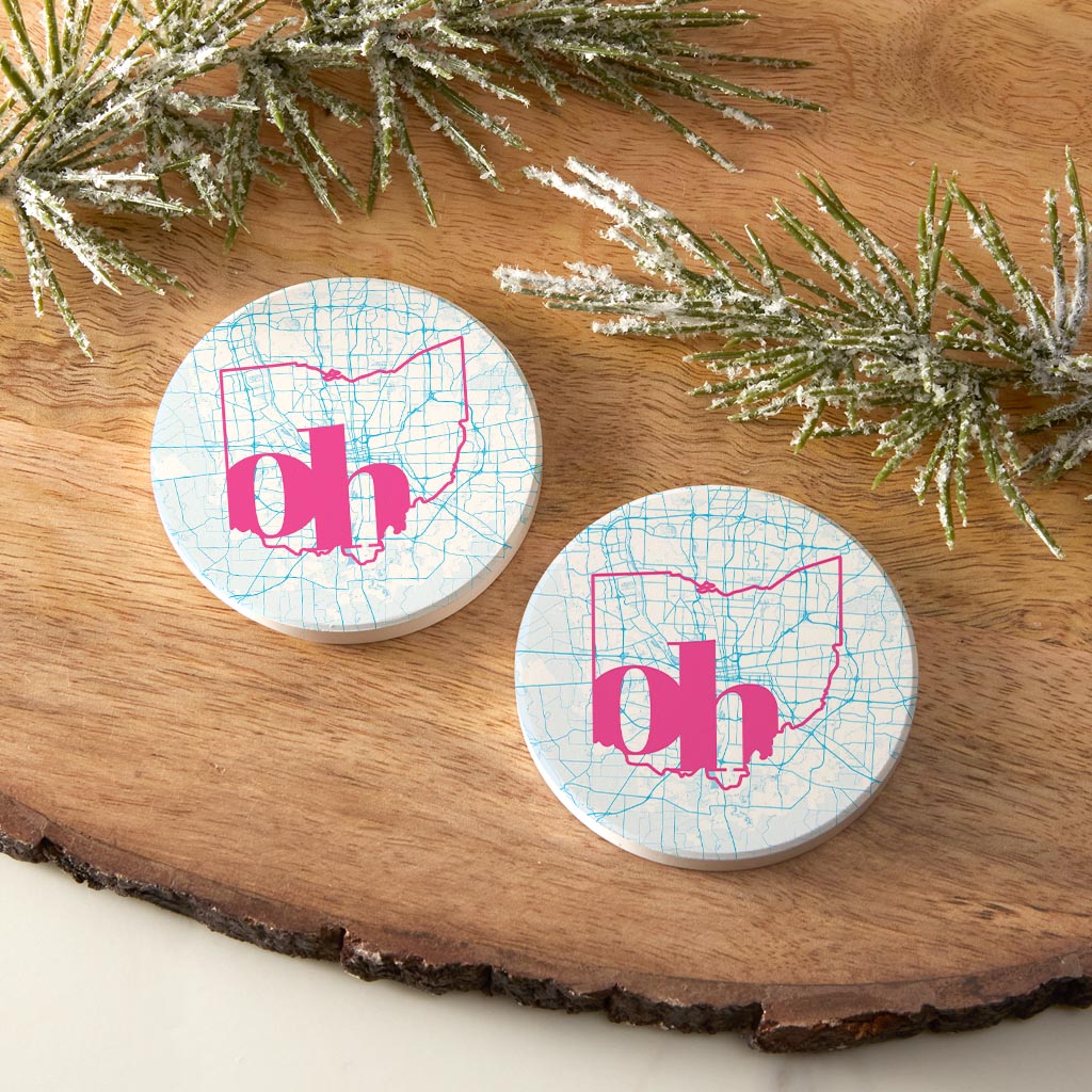 Bright Modern Abbreviated State Map Blue Ohio Columbus | Absorbent Car Coasters | Set of 2 | Min 4