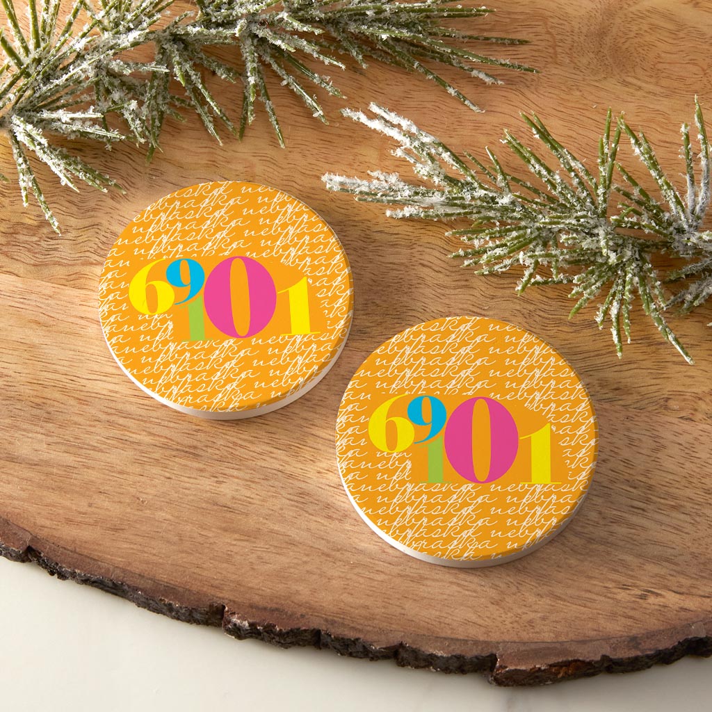 Bright Modern State Script Orange Nebraska North Platte | Absorbent Car Coasters | Set of 2 | Min 4