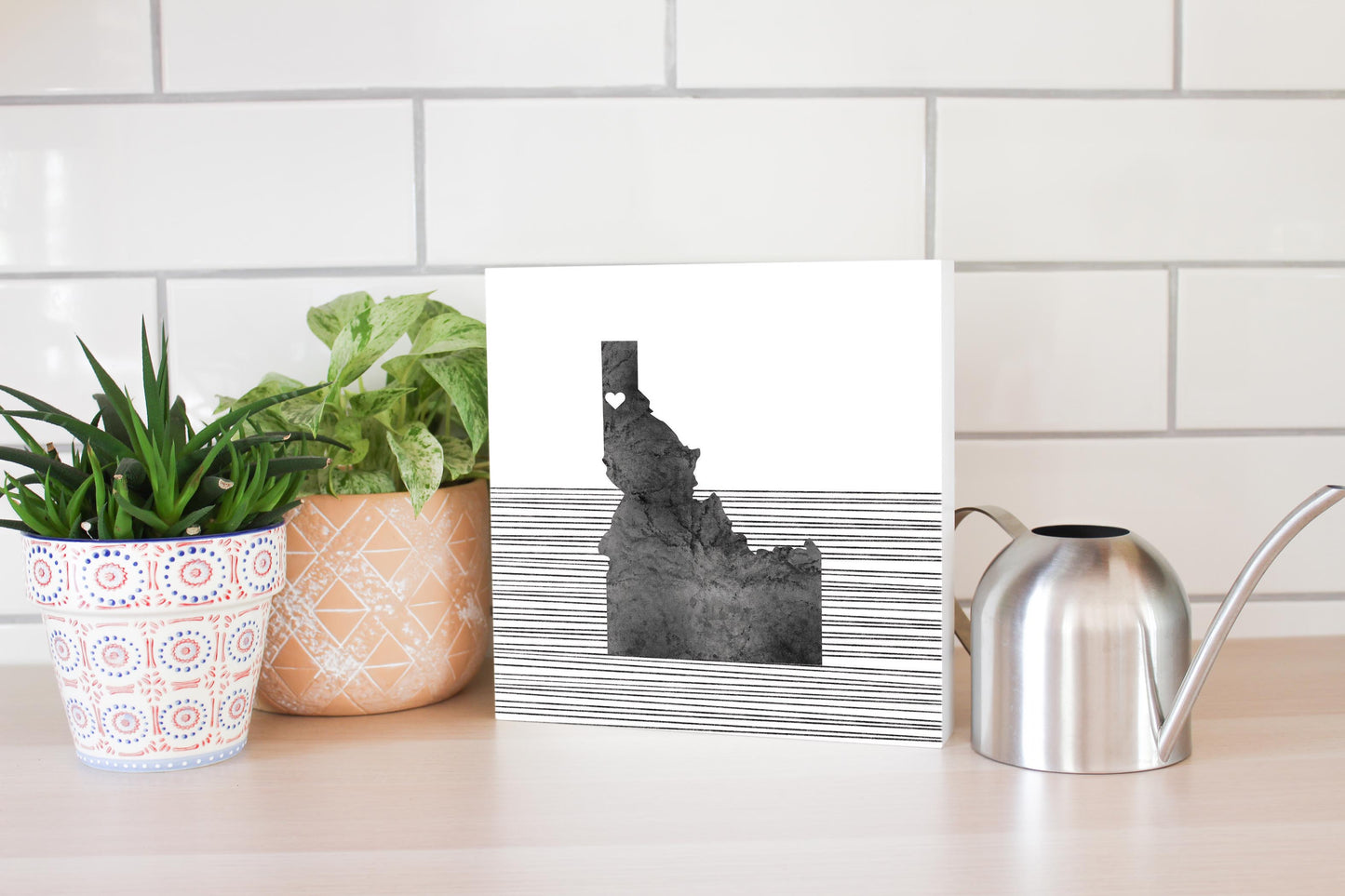 Minimalist B&W Idaho Coeur Dalene Heart Straight Lines | Wood Block | Eaches | Min 2