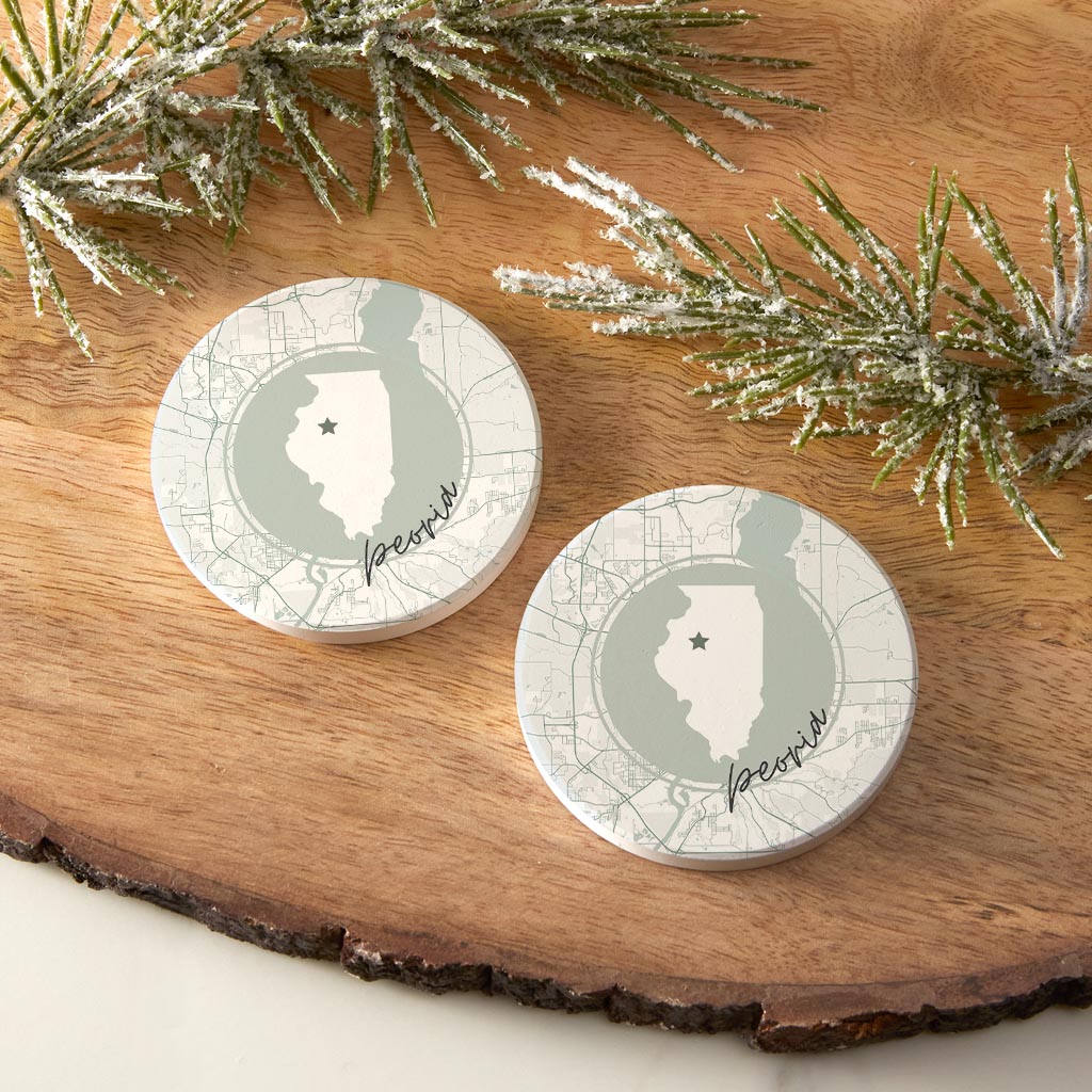 Vintage Groove State Star Map Illinois Peoria| Absorbent Car Coasters | Set of 2 | Min 4