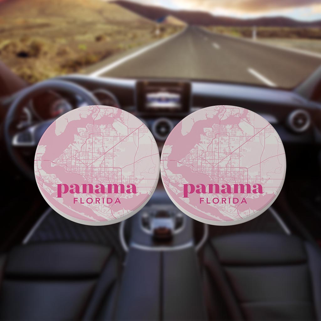 Bright Modern Pink Map Florida Panama | Absorbent Car Coasters | Set of 2 | Min 4