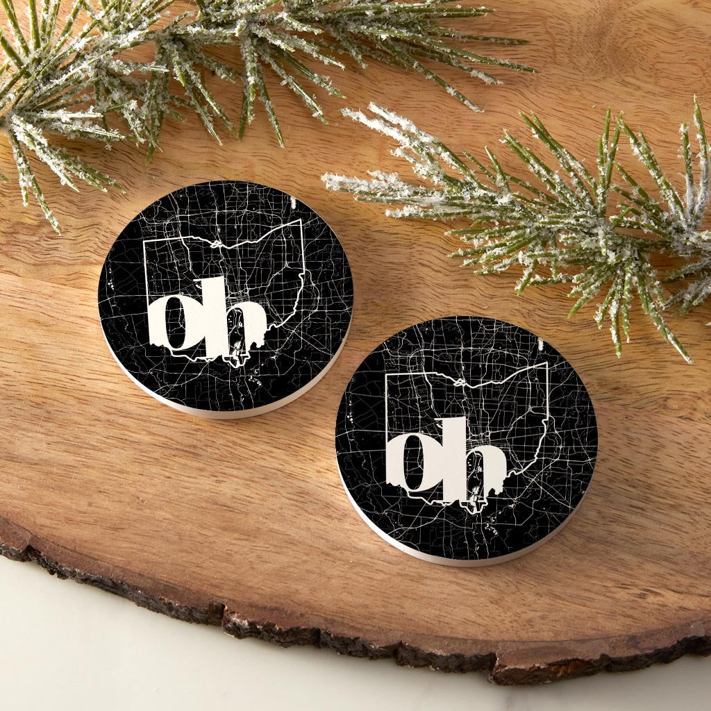 Black And White Abbreviated State Map Black Ohio Columbus | Absorbent Car Coasters | Set of 2 | Min 4