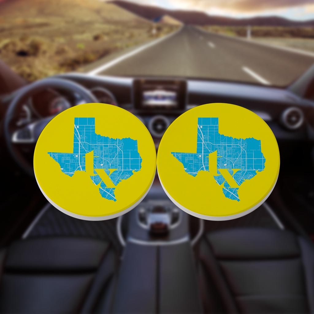 Bright Modern Abbreviated State Yellow Texas Harlingen| Absorbent Car Coasters | Set of 2 | Min 4