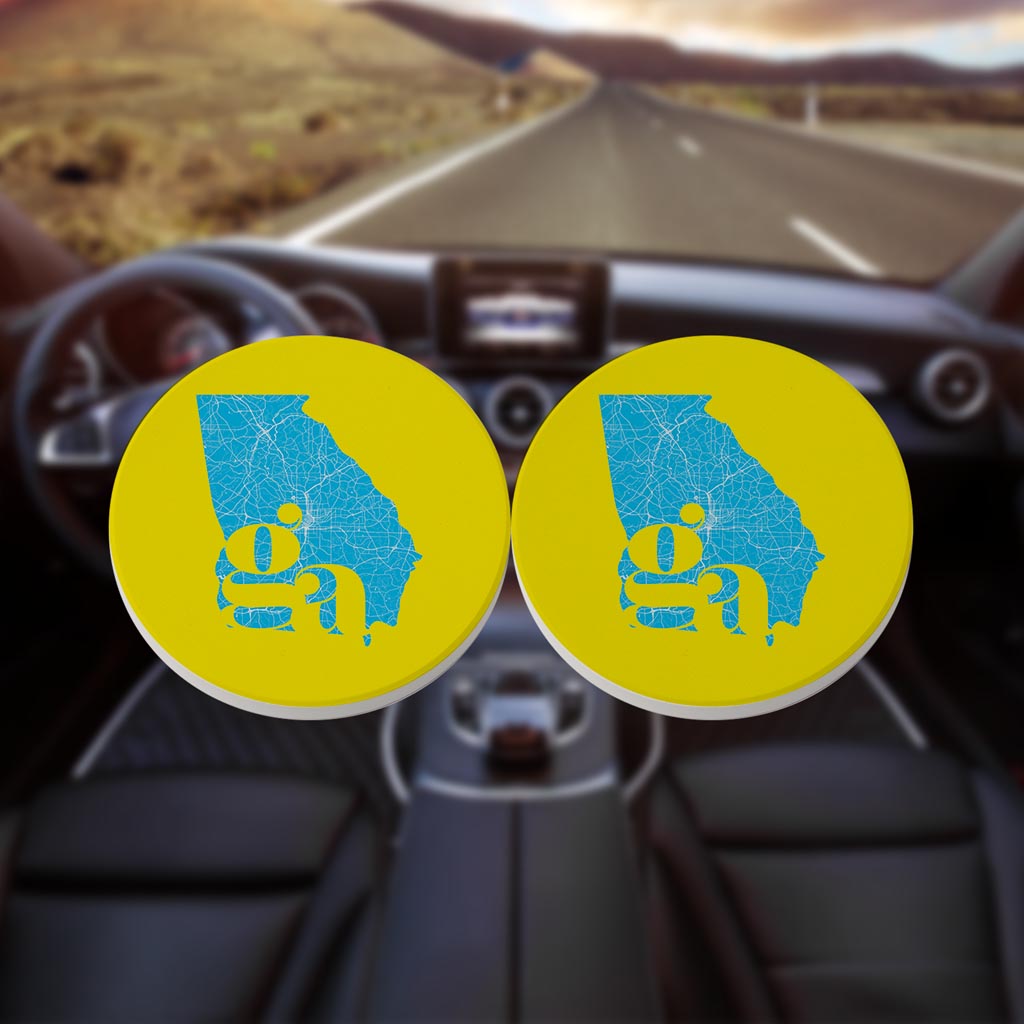 Bright Modern Abbreviated State Yellow Georgia | Absorbent Car Coasters | Set of 2 | Min 4