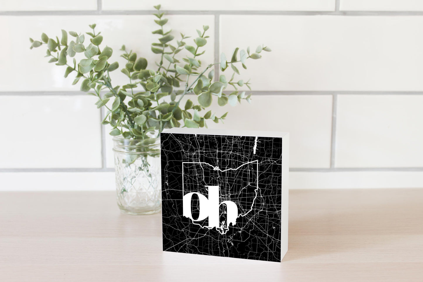 Black And White Abbreviated State Map Black Ohio Columbus | Wood Block | Eaches | Min 4
