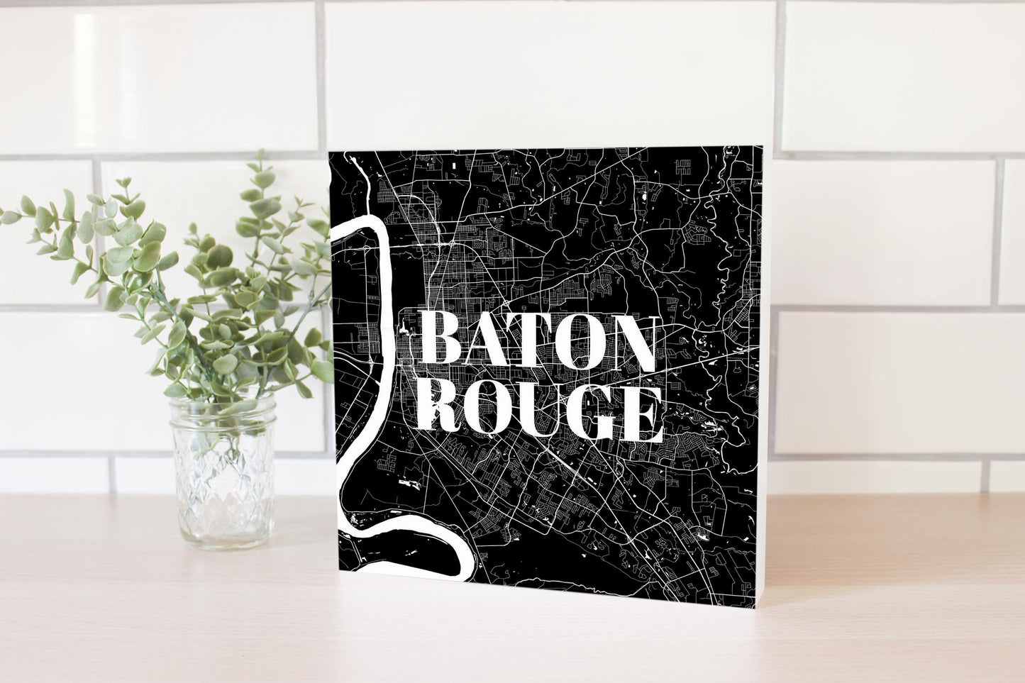 Minimalistic Baton Rouge Black Map | Wood Block | Eaches | Min 2