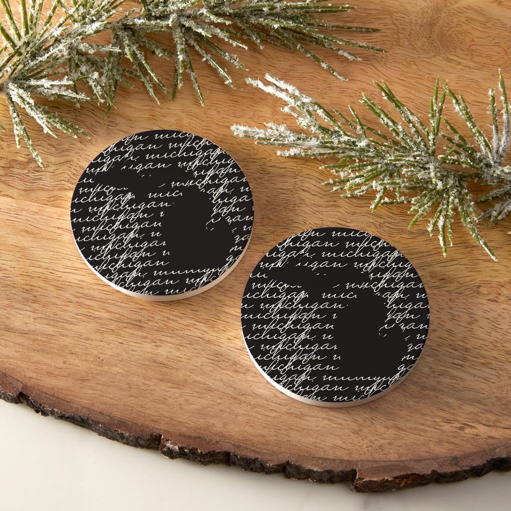 Black And White State Script Michigan| Absorbent Car Coasters | Set of 2 | Min 4