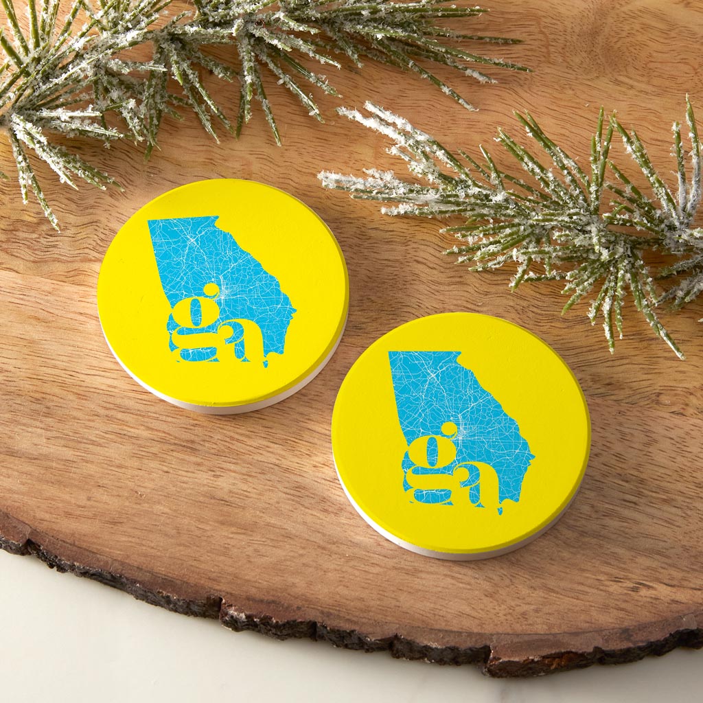 Bright Modern Abbreviated State Yellow Georgia | Absorbent Car Coasters | Set of 2 | Min 4