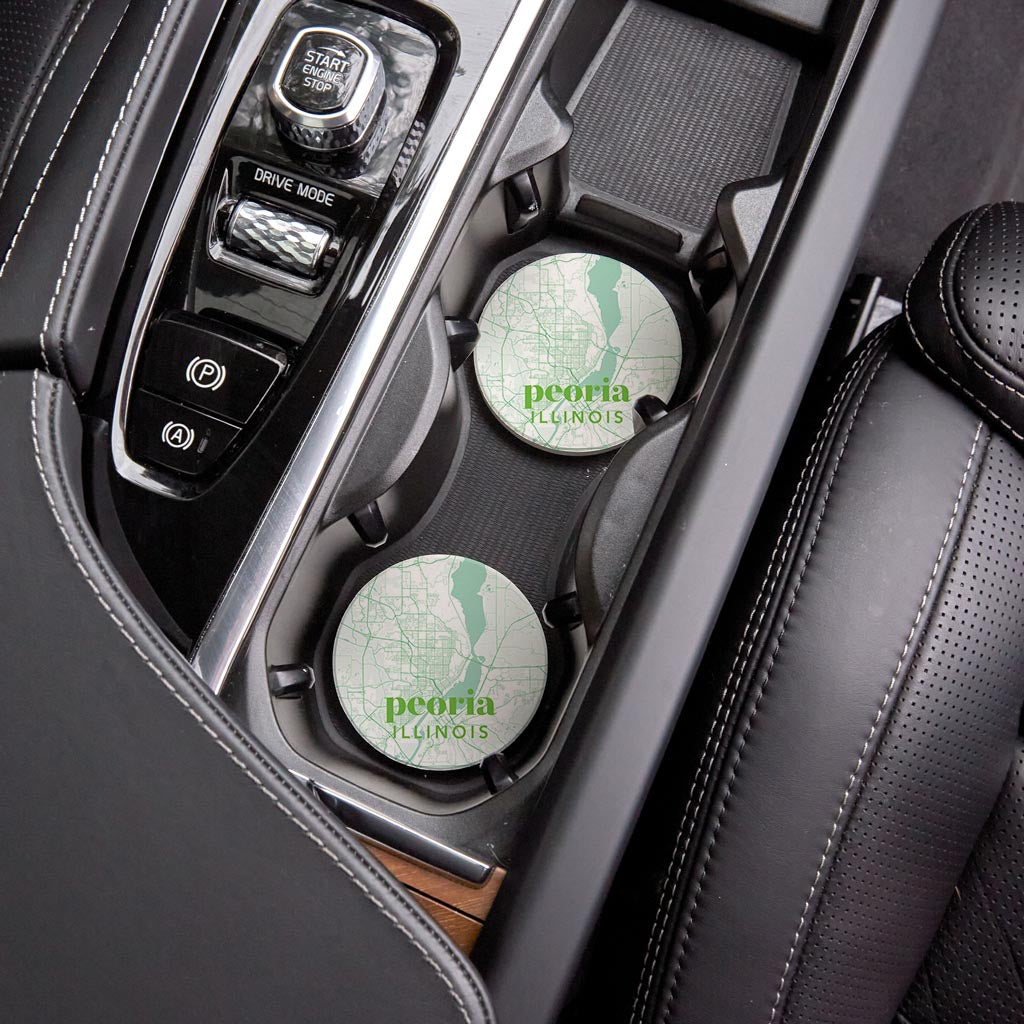 Bright Modern Green Map Illinois Peoria| Absorbent Car Coasters | Set of 2 | Min 4