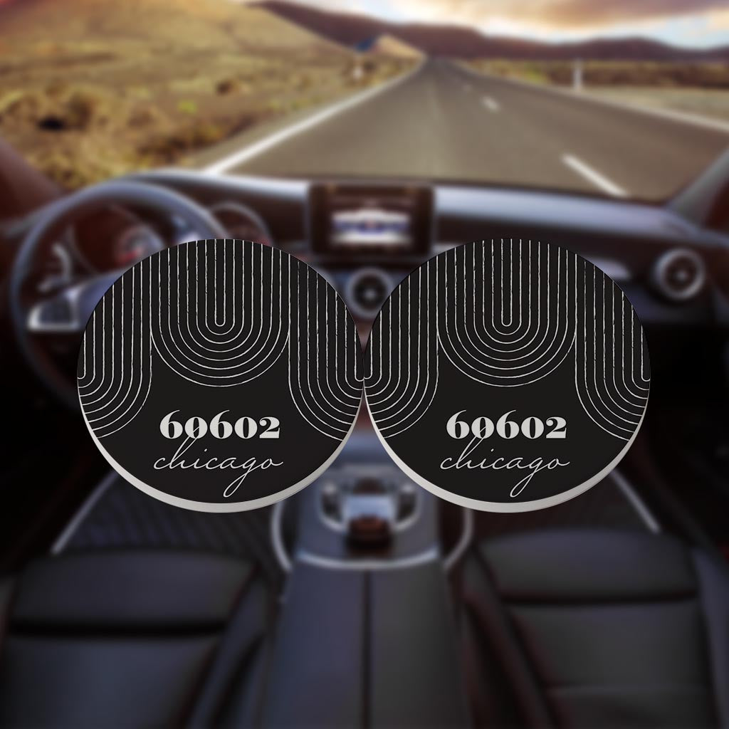 Black And White City Zip On Black Illinois Chicago | Absorbent Car Coasters | Set of 2 | Min 4