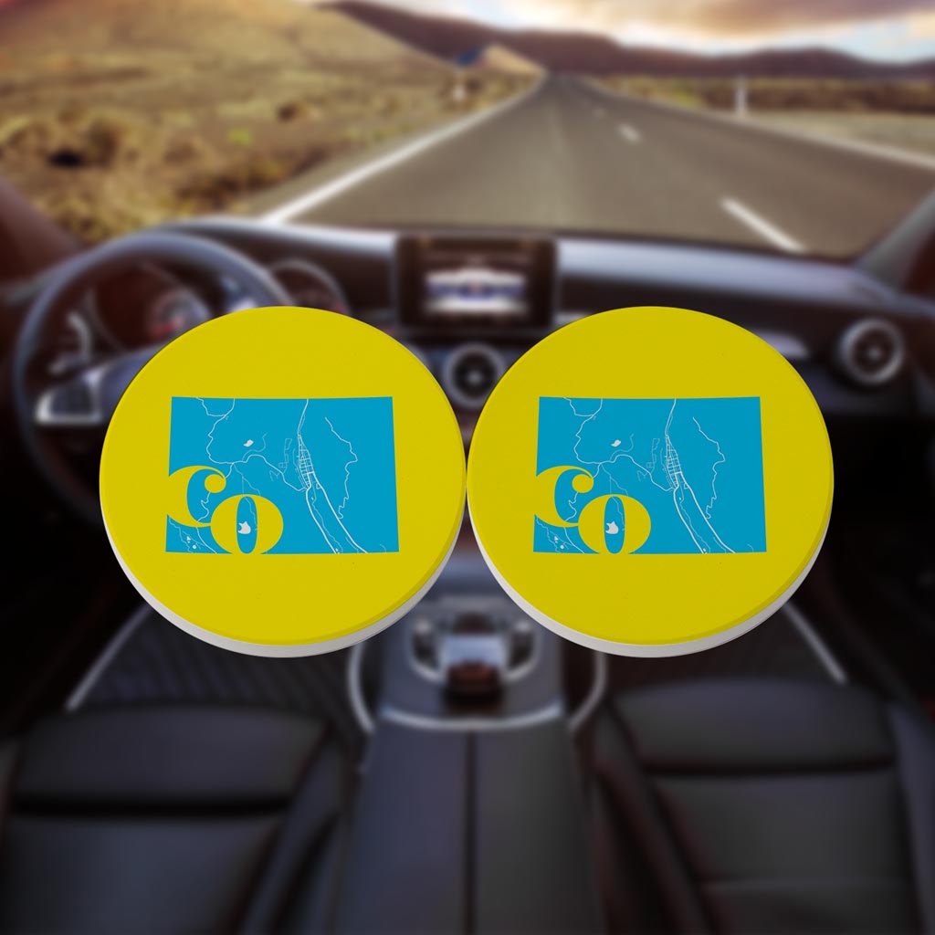 Bright Modern Abbreviated State Yellow Colorado| Absorbent Car Coasters | Set of 2 | Min 4