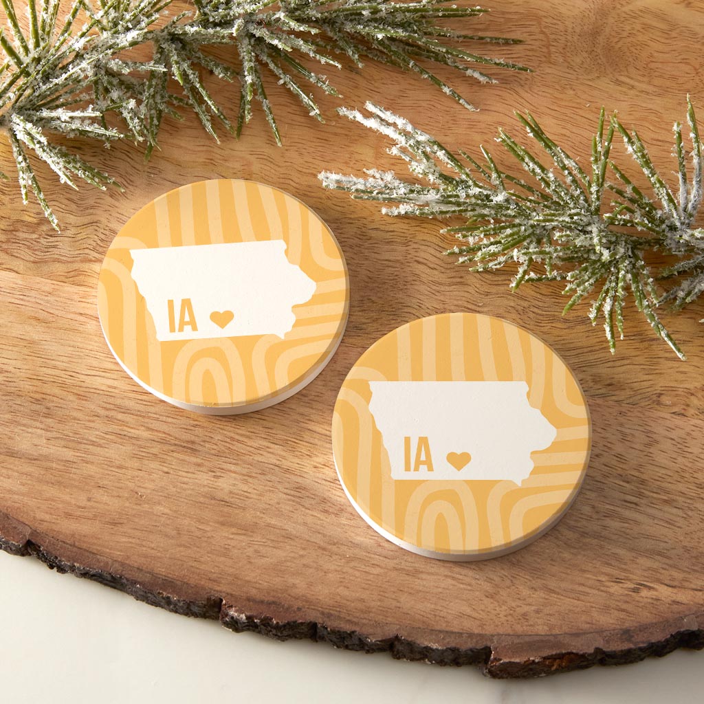 Boho Color Heart State On Yellow Iowa | Absorbent Car Coasters | Set of 2 | Min 4