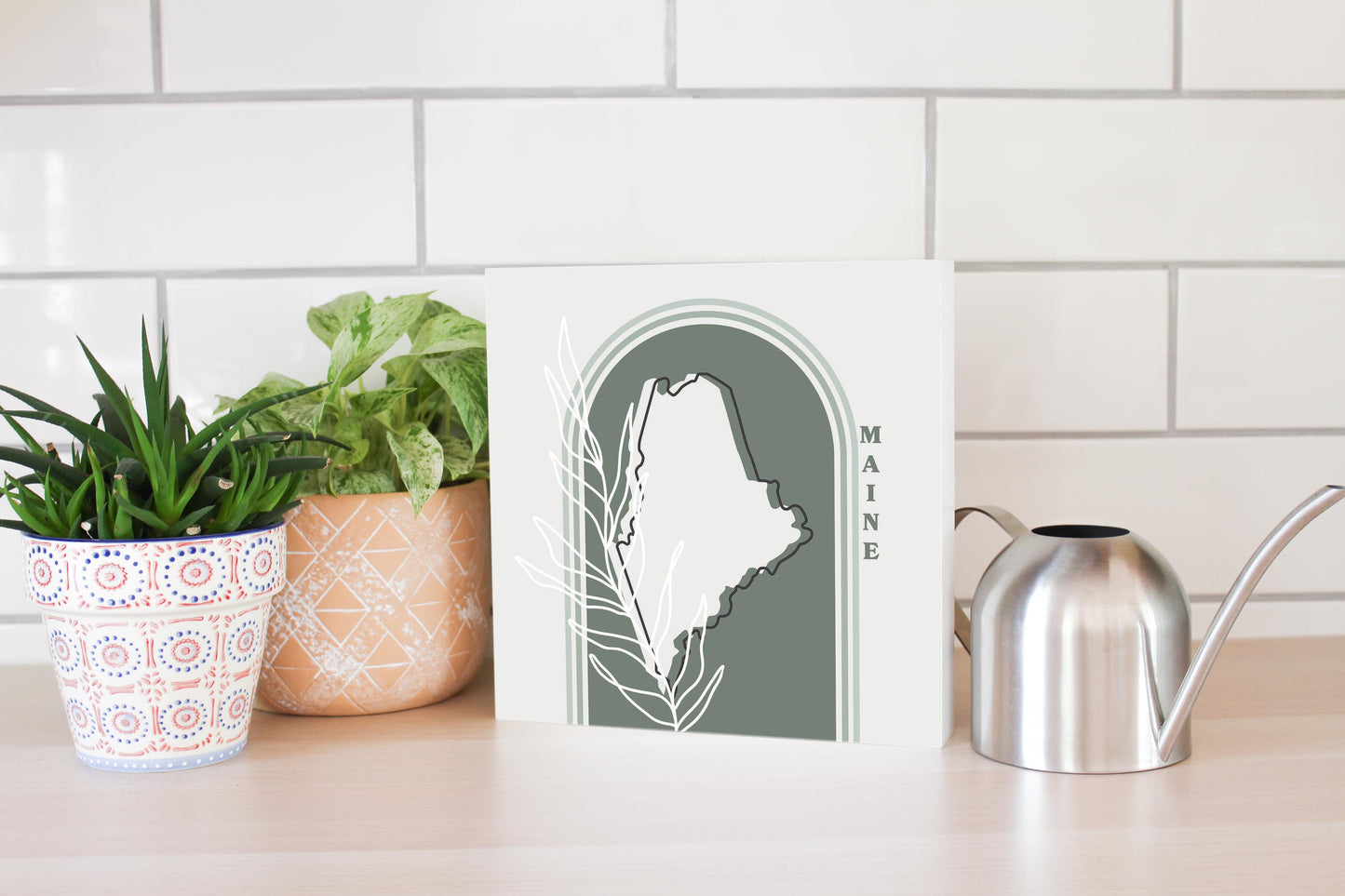 Vintage Groove State With Leaf Maine | Wood Block | Eaches | Min 2