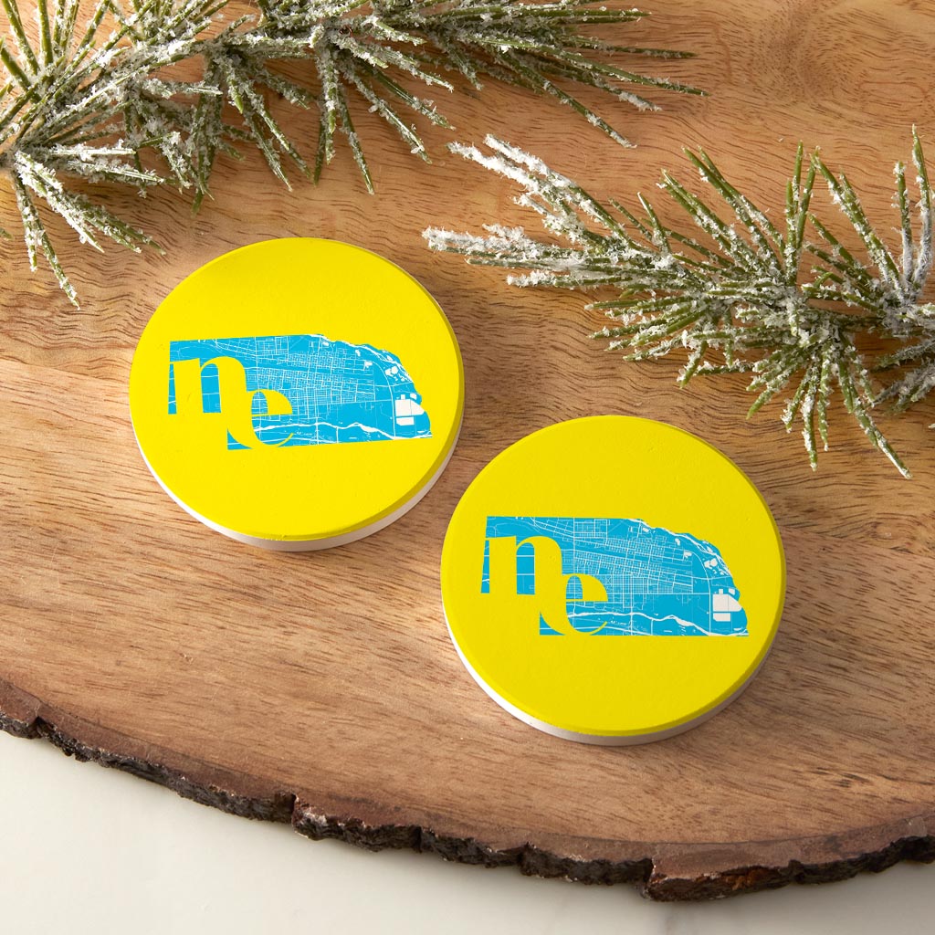 Bright Modern Abbreviated State Yellow Nebraska| Absorbent Car Coasters | Set of 2 | Min 4