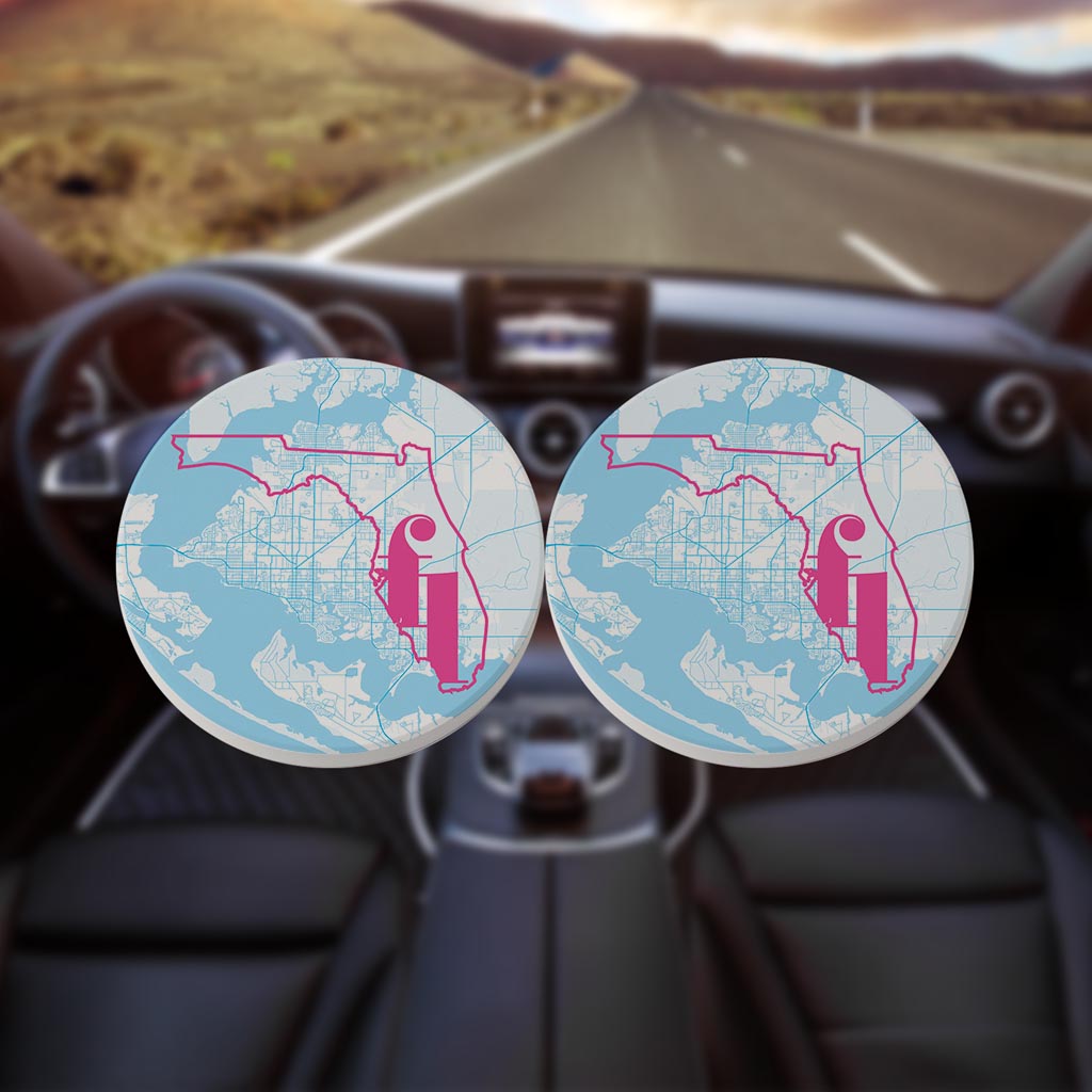 Bright Modern Abbreviated State Map Blue Florida Panama | Absorbent Car Coasters | Set of 2 | Min 4