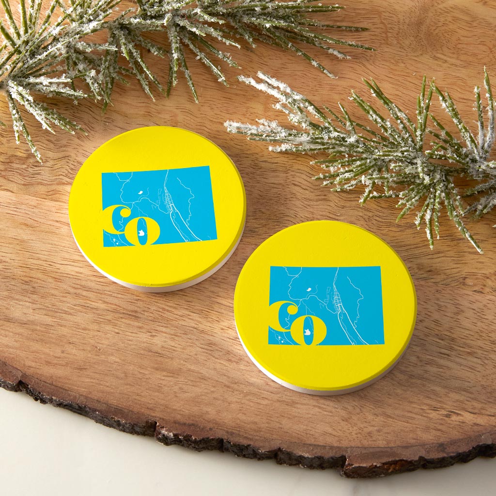 Bright Modern Abbreviated State Yellow Colorado| Absorbent Car Coasters | Set of 2 | Min 4