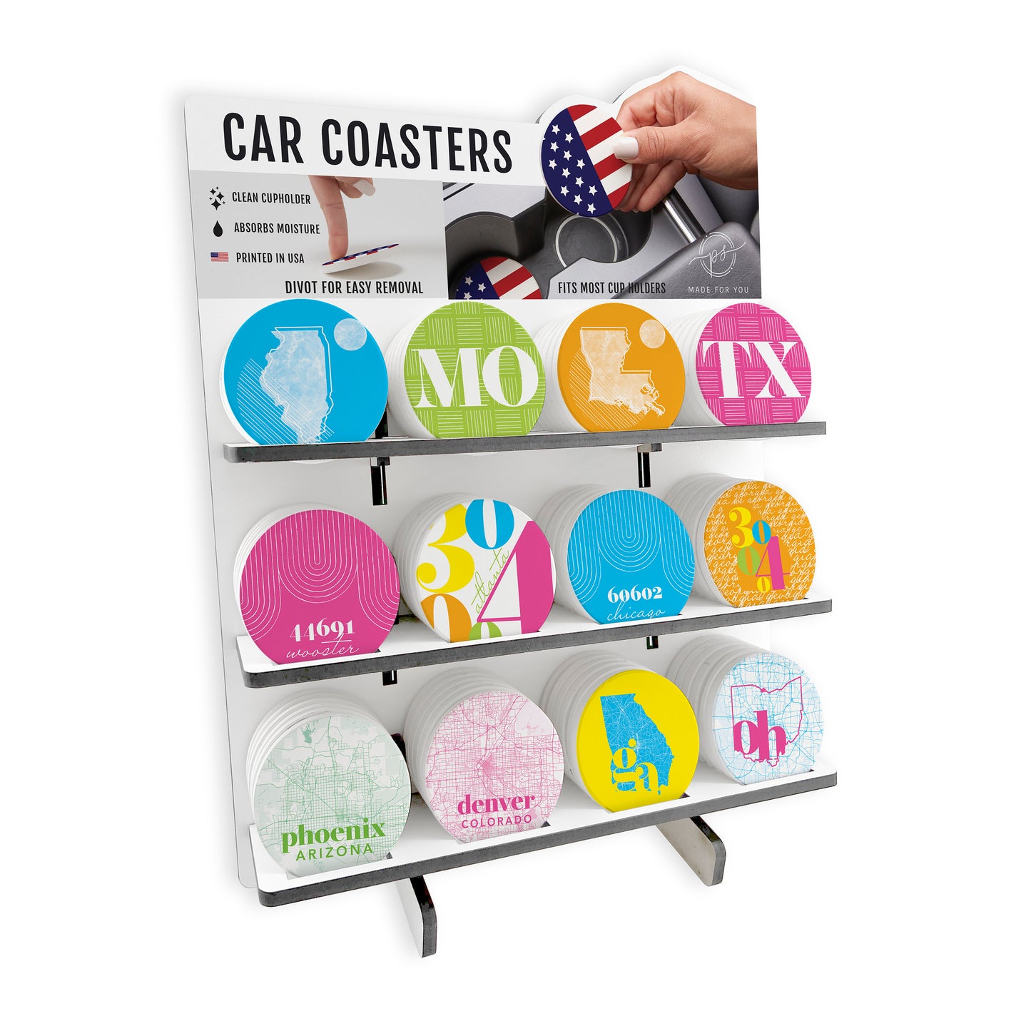Bright Modern Mixed Car Coaster Loaded Display | 12x16