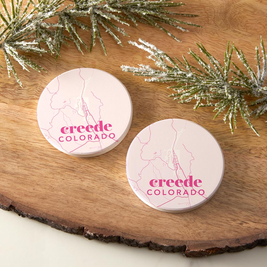 Bright Modern Pink Map Colorado Creede| Absorbent Car Coasters | Set of 2 | Min 4