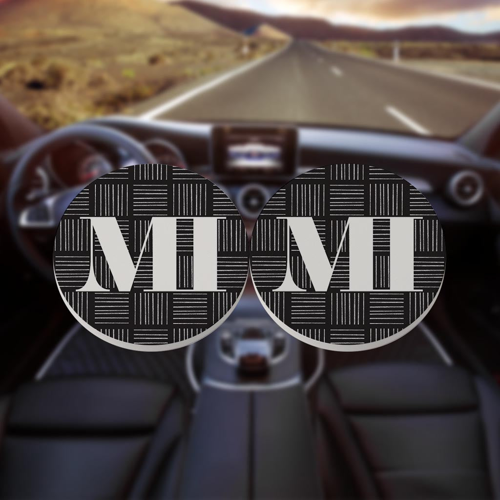 Black And White Abbreviated On Black Michigan| Absorbent Car Coasters | Set of 2 | Min 4