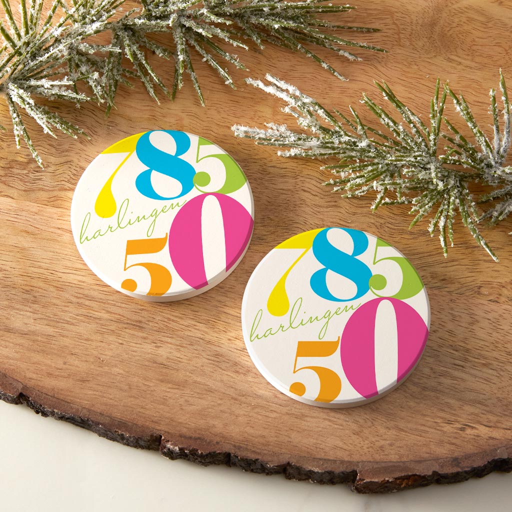 Bright Modern Color Block City Zip Texas Harlingen | Absorbent Car Coasters | Set of 2 | Min 4
