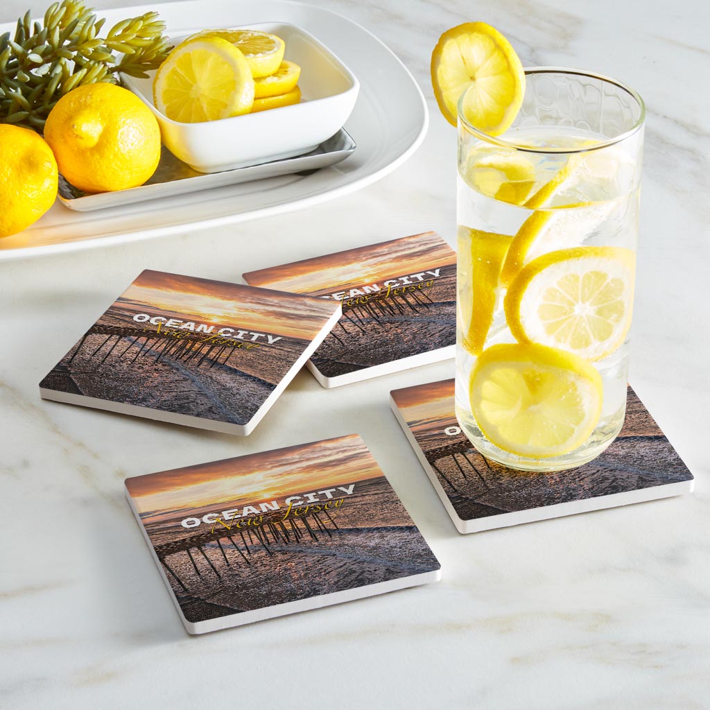 Fishing Pier Sunrise Square Coaster| Absorbent Coasters | Set of 4 | Min 2