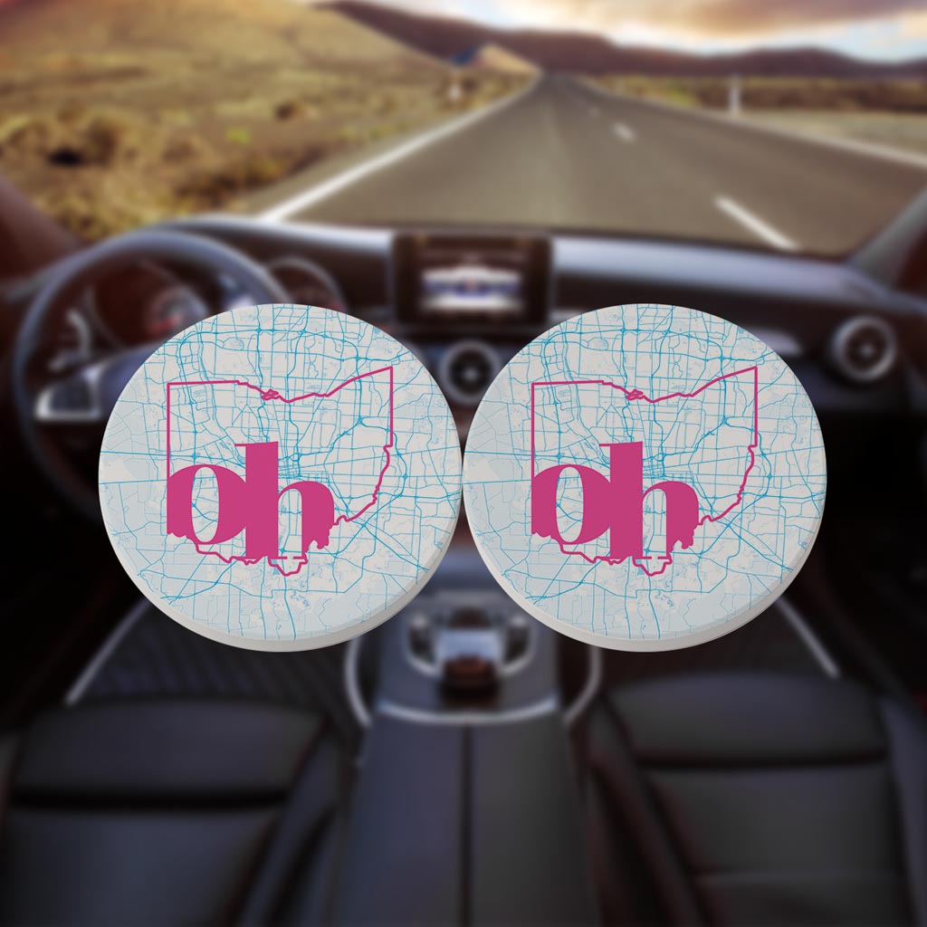 Bright Modern Abbreviated State Map Blue Ohio Columbus | Absorbent Car Coasters | Set of 2 | Min 4