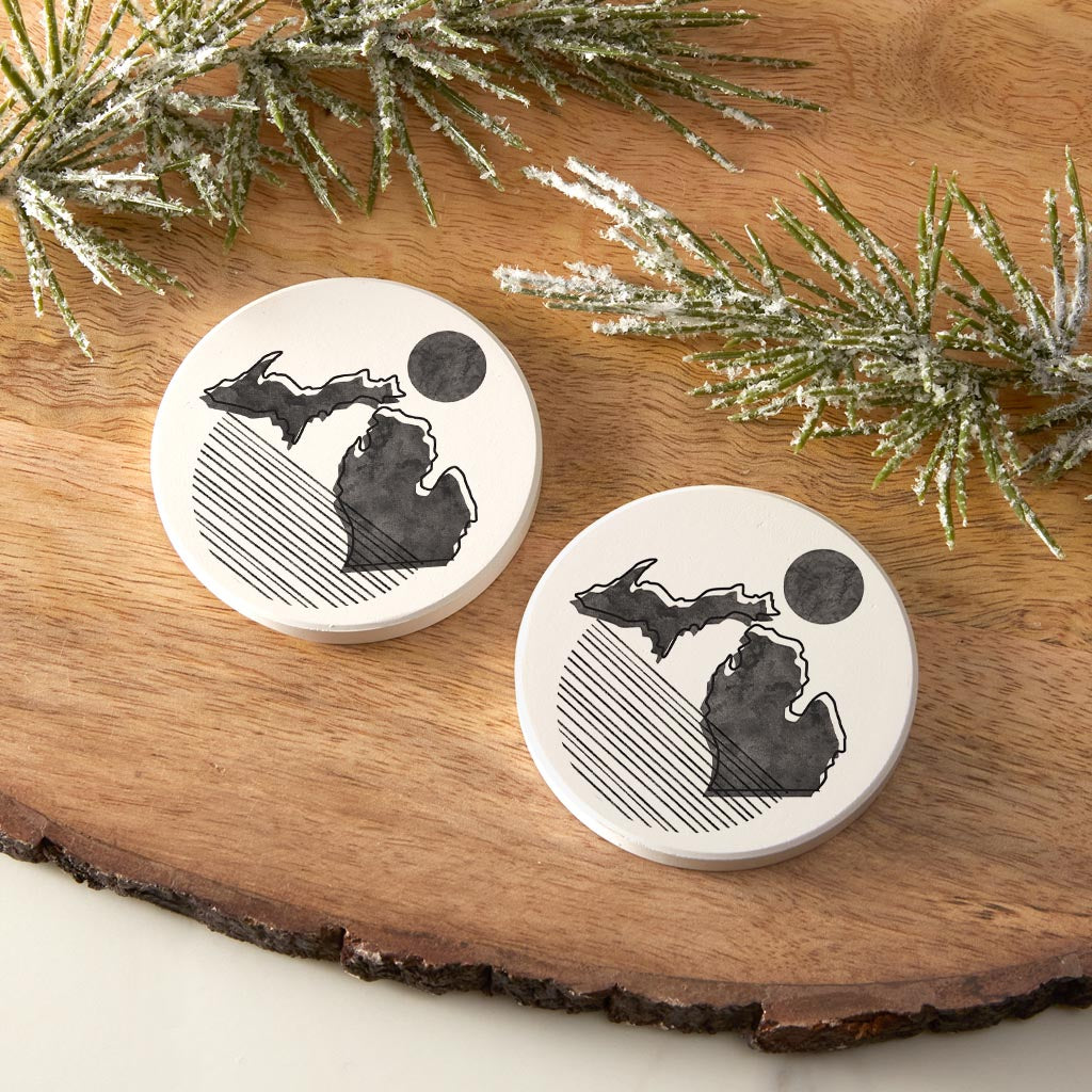 Black And White Geometric On White Michigan| Absorbent Car Coasters | Set of 2 | Min 4