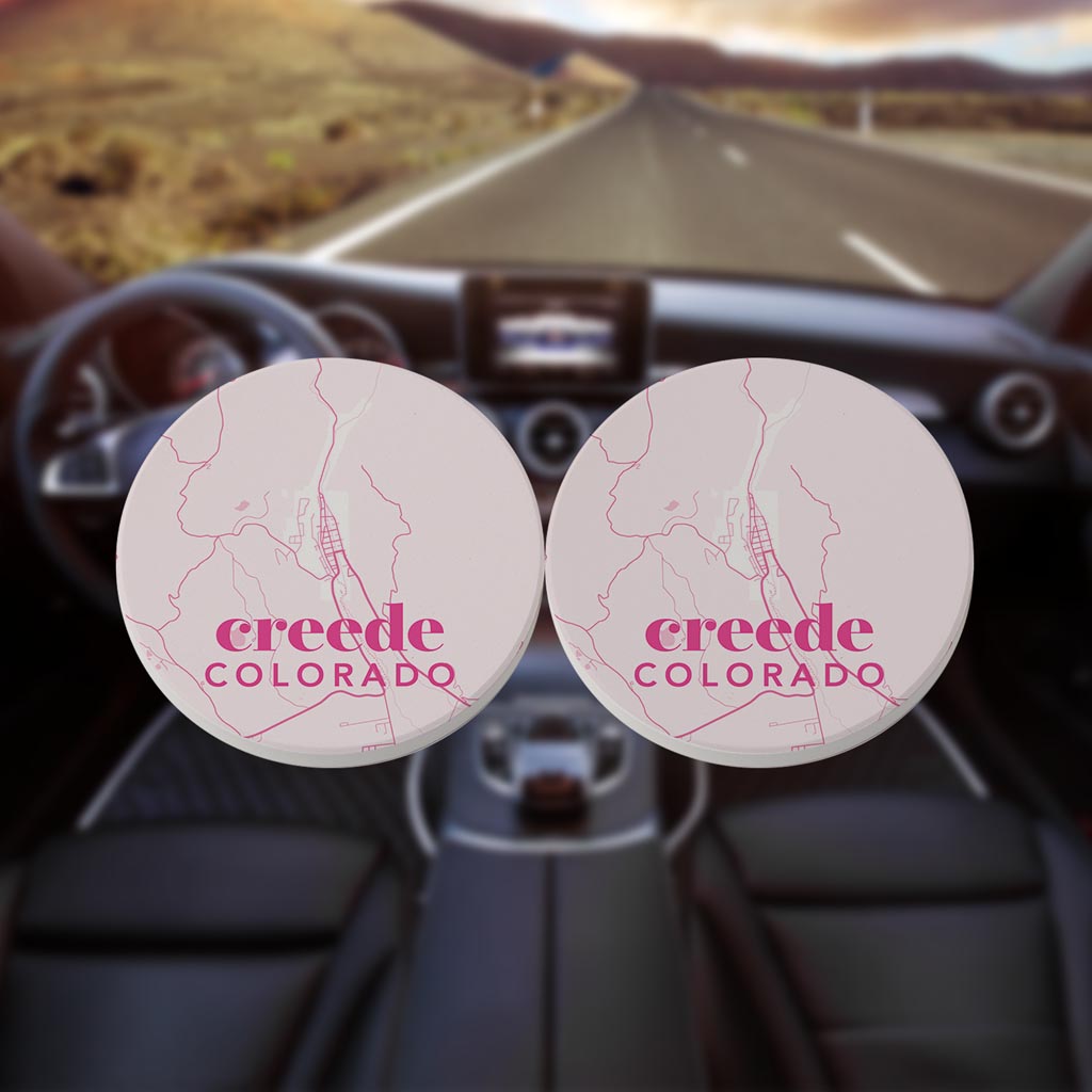 Bright Modern Pink Map Colorado Creede| Absorbent Car Coasters | Set of 2 | Min 4