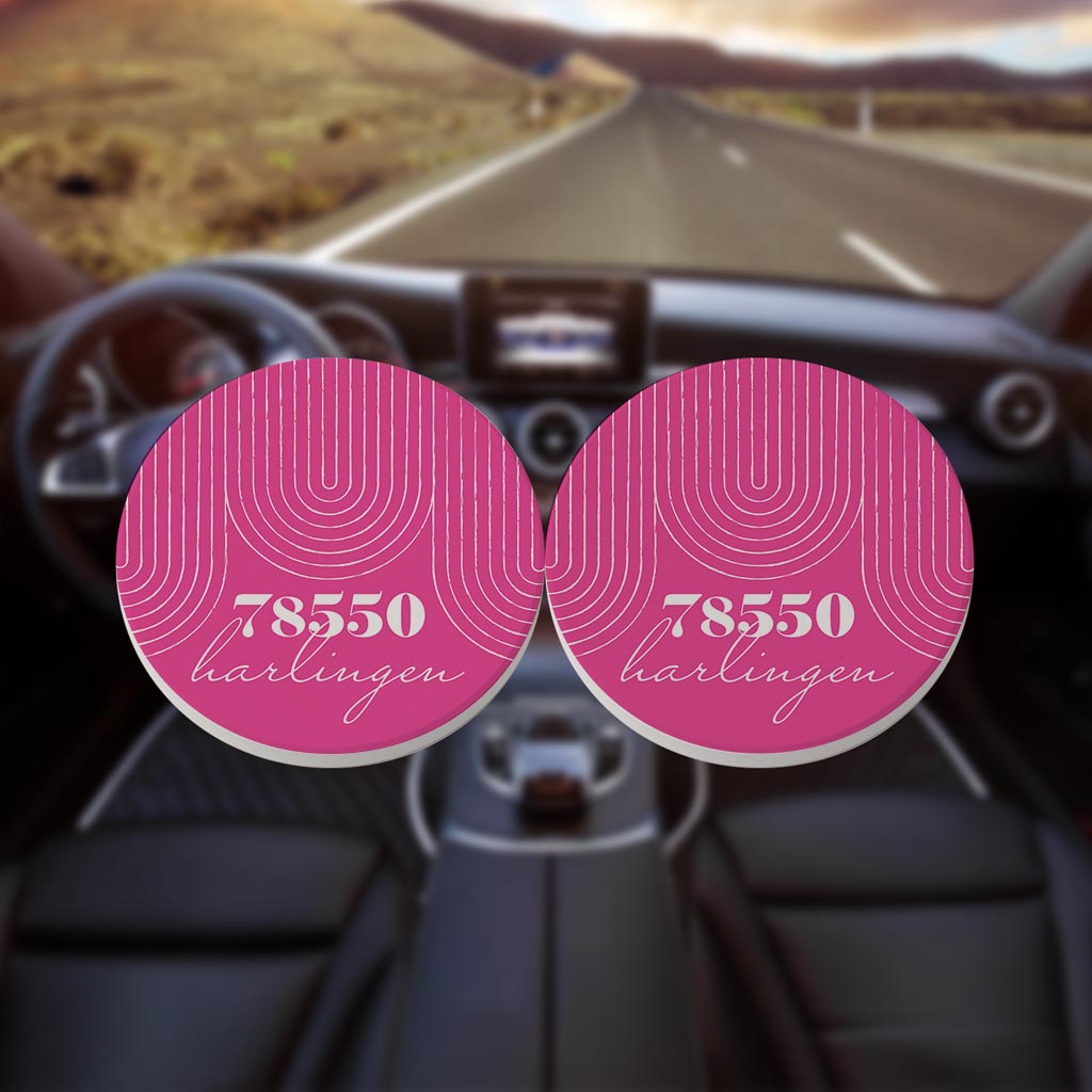 Bright Modern City Zip On Pink Texas Harlingen | Absorbent Car Coasters | Set of 2 | Min 4