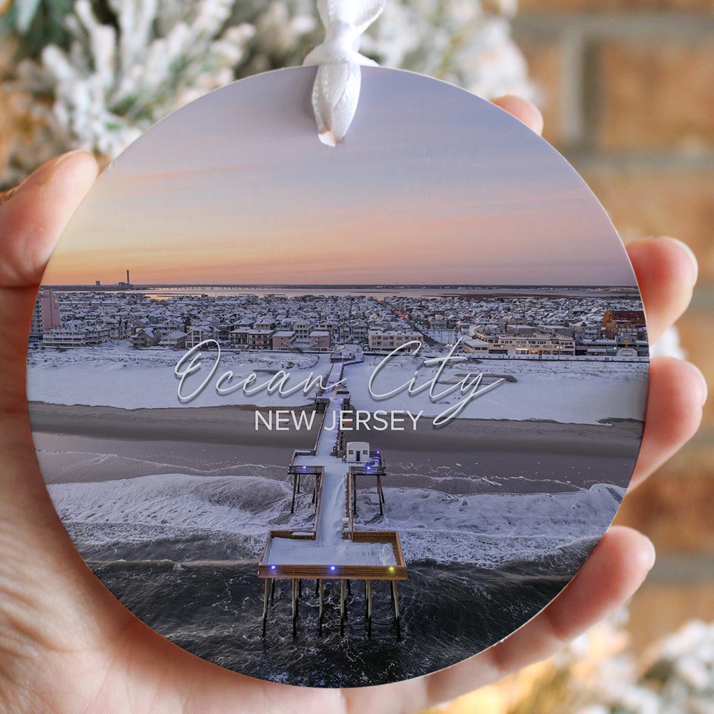 OCNJ Fishing Pier Snow Christmas Ornament| Wood Ornament | Eaches | Min 6