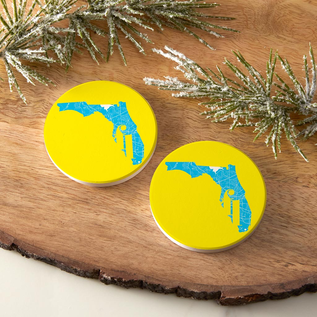 Bright Modern Abbreviated State Yellow Florida Tallahassee| Absorbent Car Coasters | Set of 2 | Min 4