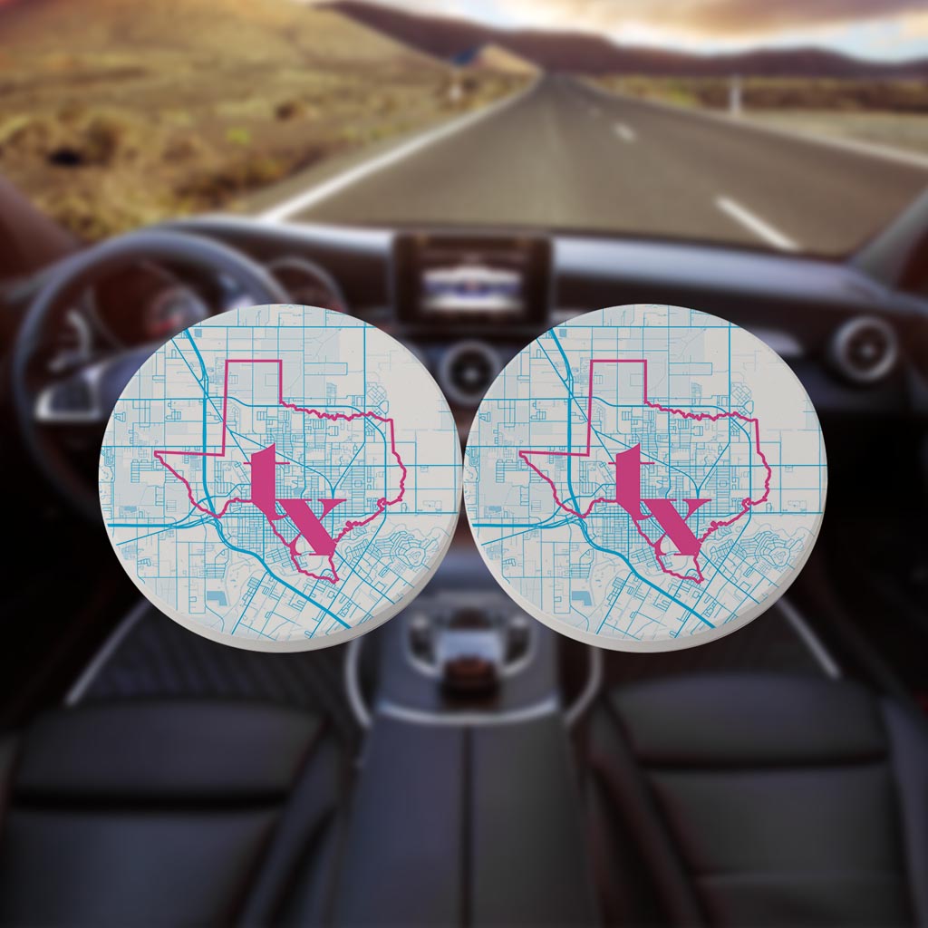 Bright Modern Abbreviated State Map Blue Texas Harlingen | Absorbent Car Coasters | Set of 2 | Min 4
